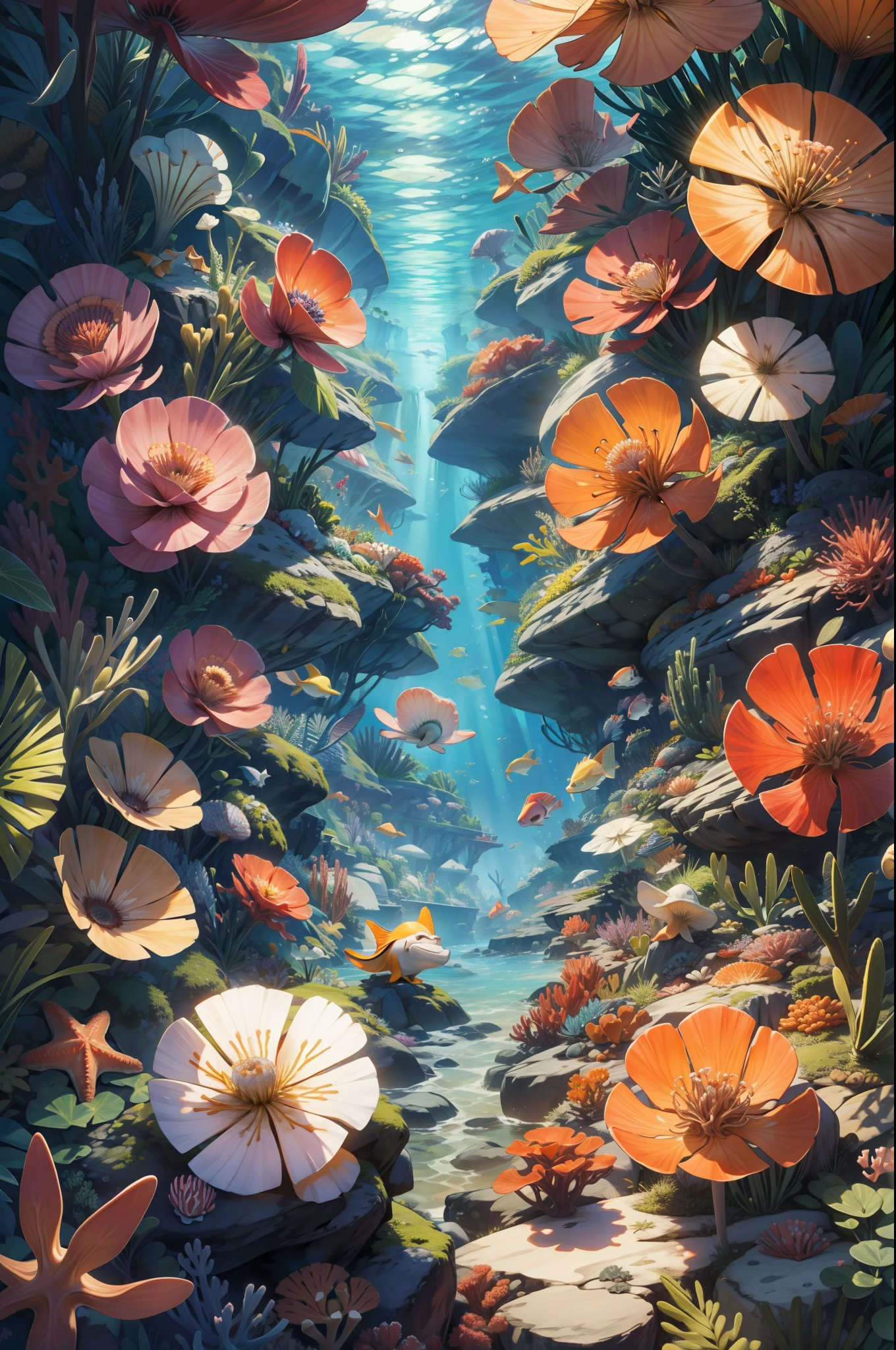 (Microscopic perspective:1.5),(Recife:1.3),(Isometric viewing angle:1.3),(Top angle of view),cartoony,(starfish:1.2),sea shell,The corals,sea anemone,(game scenes:1.2), by Pixar, hyper HD, Masterpiece, Super detail, Best quality