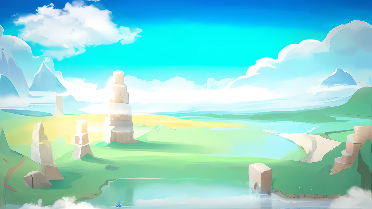 painting of a landscape with a river and mountains in the background, background art, background artwork, odin's stone arena background, game background, videogame background, distant village background, ancient ruins background, 2 d game art background, mobile game background, breezy background, arena background, magical battlefield background, island background, anime landscape, epic background, scenery game concept art, 8k, realistic, 3d masterpiece, blue sky, bright sun