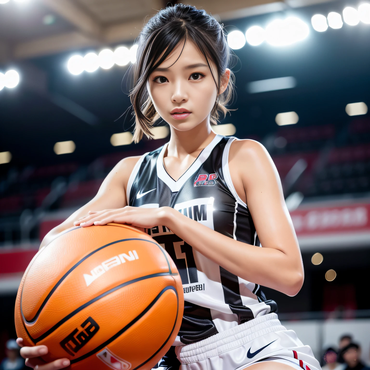 8K分辨率,half-body photo,photorealestic),(1 female,18yr old,(Face fidelity:Sakai Izumi's facial features:1.4,Bones thin face,s delicate face),com rosto detalhado,(Light makeup),Beautiful face,com rosto detalhado,详细的脸,Ultra-fine makeup,Black colored eyes,Short hair micro-curls,(Windswept hair,Messy has layers),Redlip,Fair smooth skin,(Best Skin Type:1.21),mediuml breasts,(Loose men's basketball uniform,((Chest printing:SHOHOKU,Number 10 or number 11))),Tall and tall,Sweating after training,perfect hand,Perfect gripping position,Perfect posture,Ultra-fine clothing material),(expressioness:self-assured,exhilarated,Determination),(Light assist,profesional lighting),(colours:White or red)),(Golden section,Cinema lenses,Hasselblad photograp,tmasterpiece:1.3),(Cold and sexy,athlete,Sporty style,Artis,Official propaganda)