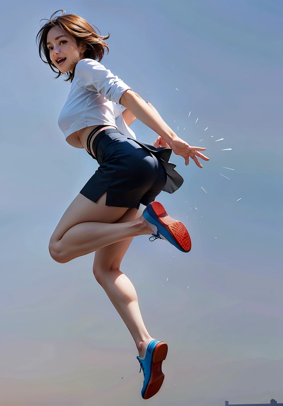 There was a woman jumping in the air, dynamic pose realistic, jumping posture, , character is in her natural pose, Look back at the camera,Raise your arms to celebrate and cheer