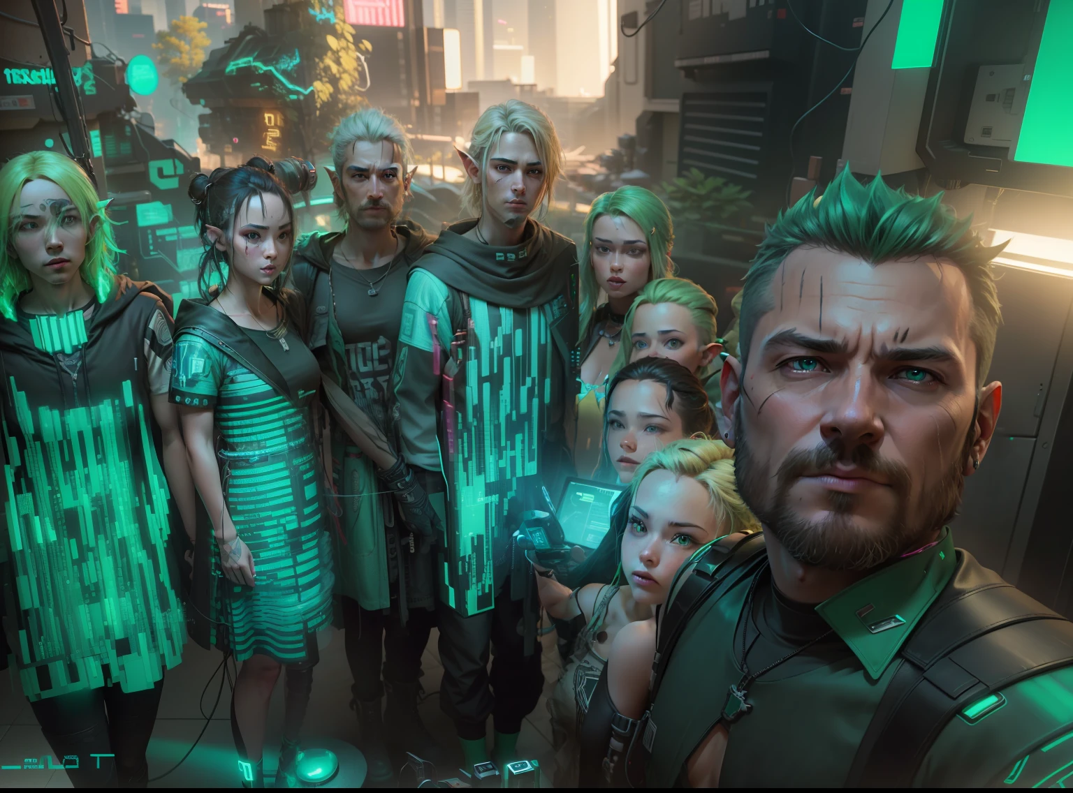 ((Best Quality)), ((Masterpiece)), (Highly Detailed:1.3), 3D, (Cyberpunk:1.3) Zelda cyberpunk link, computer terminal, computer servers, LCD screens, fiber optic cables, corporate logos, HDR (High Dynamic Range) cyberpunk, dark boy, green clothing, green armor, neon green, blond hair, elf, Ray Tracing, NVIDIA RTX, Super-Resolution, Unreal 5, Subsurface Scattering, PBR Texturing, Post-processing, Anisotropic filtering, Depth of field, Maximum clarity and sharpness, Multilayer textures, Albedo and specular maps, Surface shading, accurate simulation of light-material interaction, perfect proportions, Octane Render, two-tone lighting, low ISO, white balance, rule of thirds, wide aperature, 8K RAW, efficient sub-pixel, sub-pixel convolution, luminescent particles,