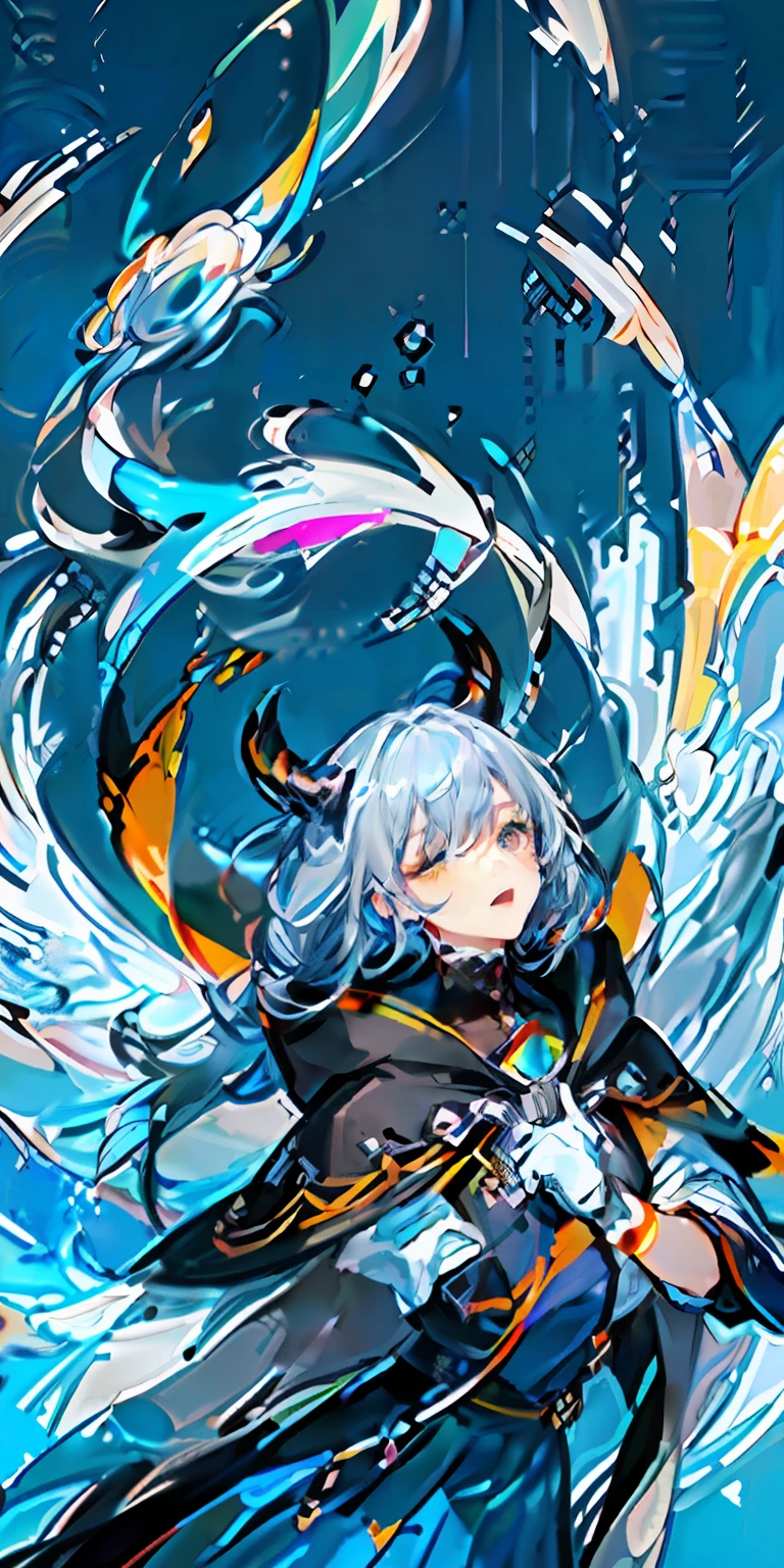 (Highest Quality), (Masterpiece), (Super Detailed), (Eye Detail: 1.0), (Lens Flare: 1.0), (Movie Poster: 1.0), (Tarot Border: 1.0), Portrait Center, (Closeup: 1.0), (Negative Space: 0.8), (Negative Space: 1.6), (Solo), (Floating Color Mesh: 1.0), (Many Color Spikes: 1.0), (Floating Droplets: 1.0), ( Water Magic: 1.0), (Dappled Sun, Rays, Caustics: 1.2), (Iridescence: 1.0), (Beautiful Detail Halo: 1.0), (Lean Back: 1.2), (Grim Expression: 1.0) ,(small:1.0),(open mouth:1.0),(eyelashes),one eye closed,(light blue hair:1.4),(long hair:1.0),(facing viewer:1.3),(head tilt : 1.0), (dynamic pose: 1.1), (asymmetrical hair: 1.2), (orange, (casual, casual), (layered skirt), (gray eyes: 1.4), oblique bangs, high double ponytail, diamond hair ,long coat,(flowing cloak: 1.0),,(abstract background:1.4),(:1.1),(jump:1.1),(tan:1.1),(upper body:1.25),thinking,pupil,++,co-feather , strapless, tights, (white gloves: 1.3), black and red double horns, sleepy