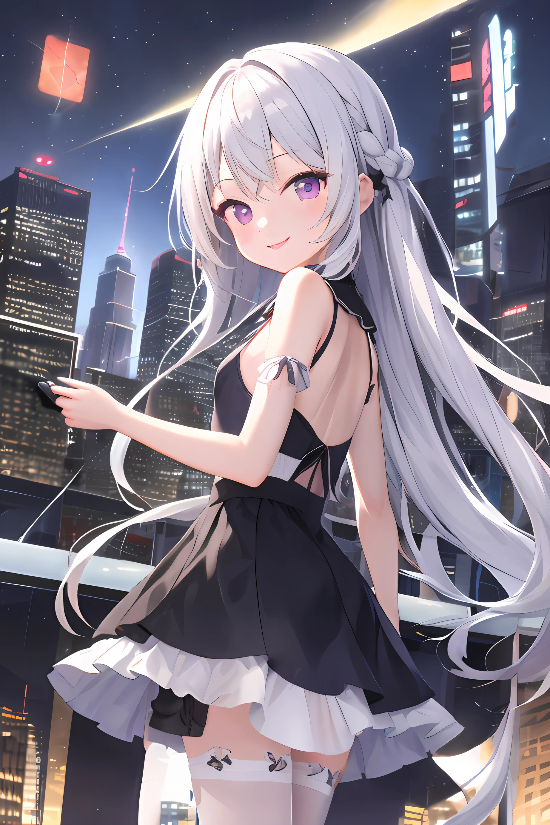 Anime girl with long white hair and black dress standing in front of the city, **** in dress, Anime girl wearing black dress, cute anime waifu in a nice dress, Best anime 4k , Silver hair (pony tails), white-haired god, anime moe art style,