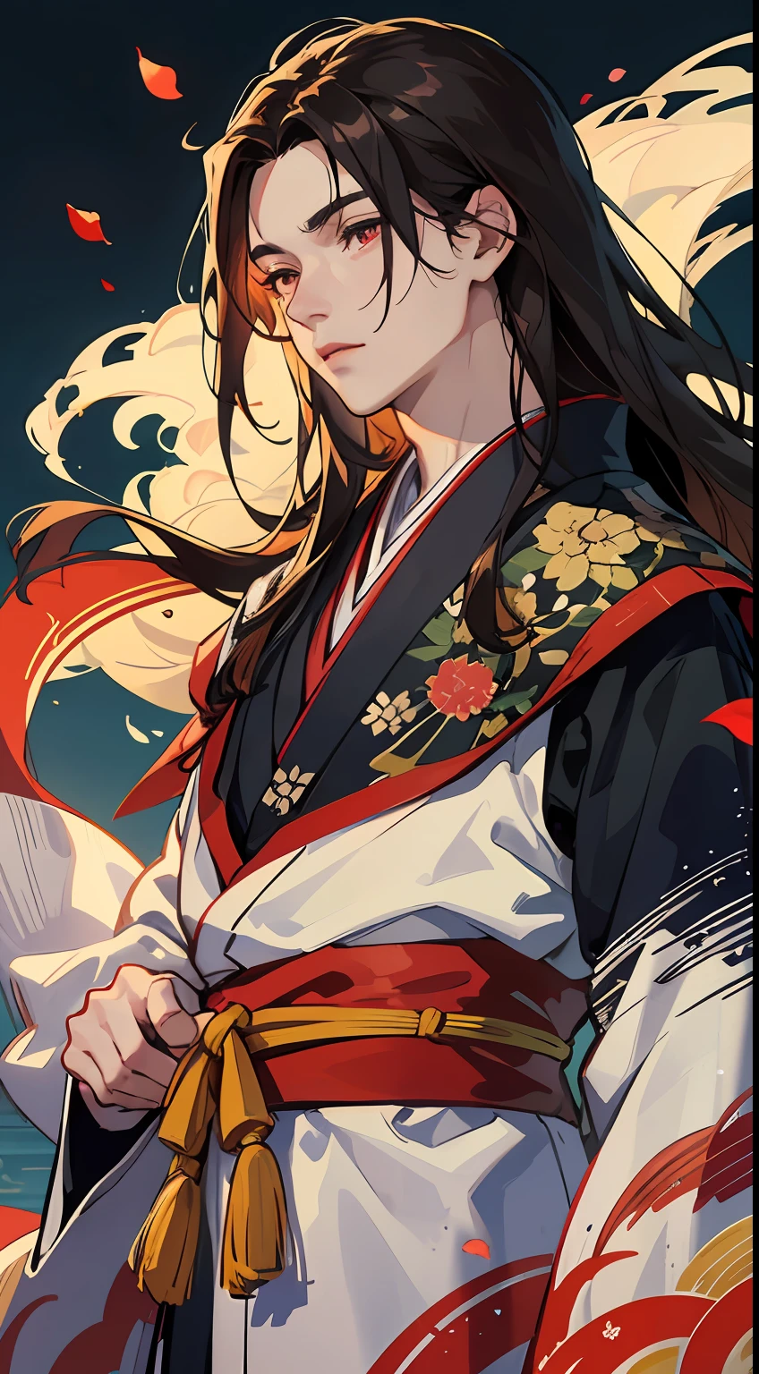 adult male, having muscle, red eyes, long dark hair, floating hair, forehead wipe, flying bangs, resolute eyes, ancient Japanese kimono for man, accessories, magic smoke around him, fov, f/1.8, masterpiece, ancient Chinese architecture, night, flower petals flying, front portrait shot, side lighting, moonlight shining on people, 8K, HDR, ultra HD, semi-realistic, 8k wallpaper, ultra detailed, super HD