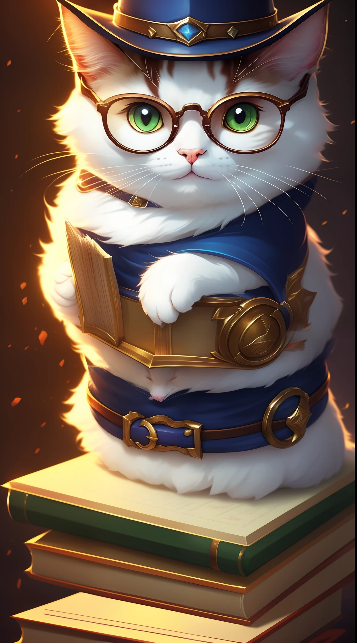 There is a cat with glasses and a hat sitting on a book, concept-art:Hero, Pisif, Furry art, lovely digital painting, from league of legends, Official Splash Art, teemo, WLOP and Sakimichan, ArtStation Artgerm on Pisif, Cute detailed digital art, world boss kitten, Extremely detailed Artgerm