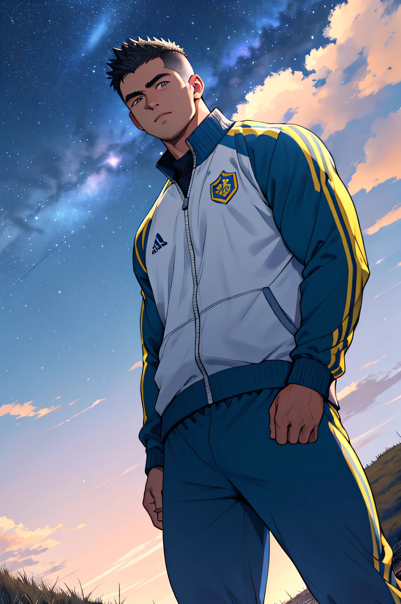 Draw a full-fledged footballer,Standing on the steppe at night,He was wearing a tracksuit,The man looks confident and determined,looking-down,Crew cut,full bodyesbian,Stars dot the sky,shooting from below,Big moon highlights background