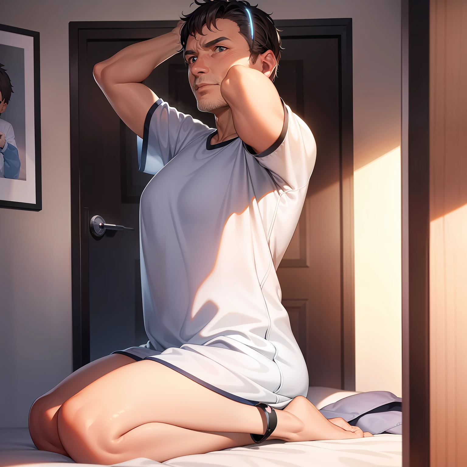 A 60-year-old man wakes up to receive a holographic alert from his health AI assistant.