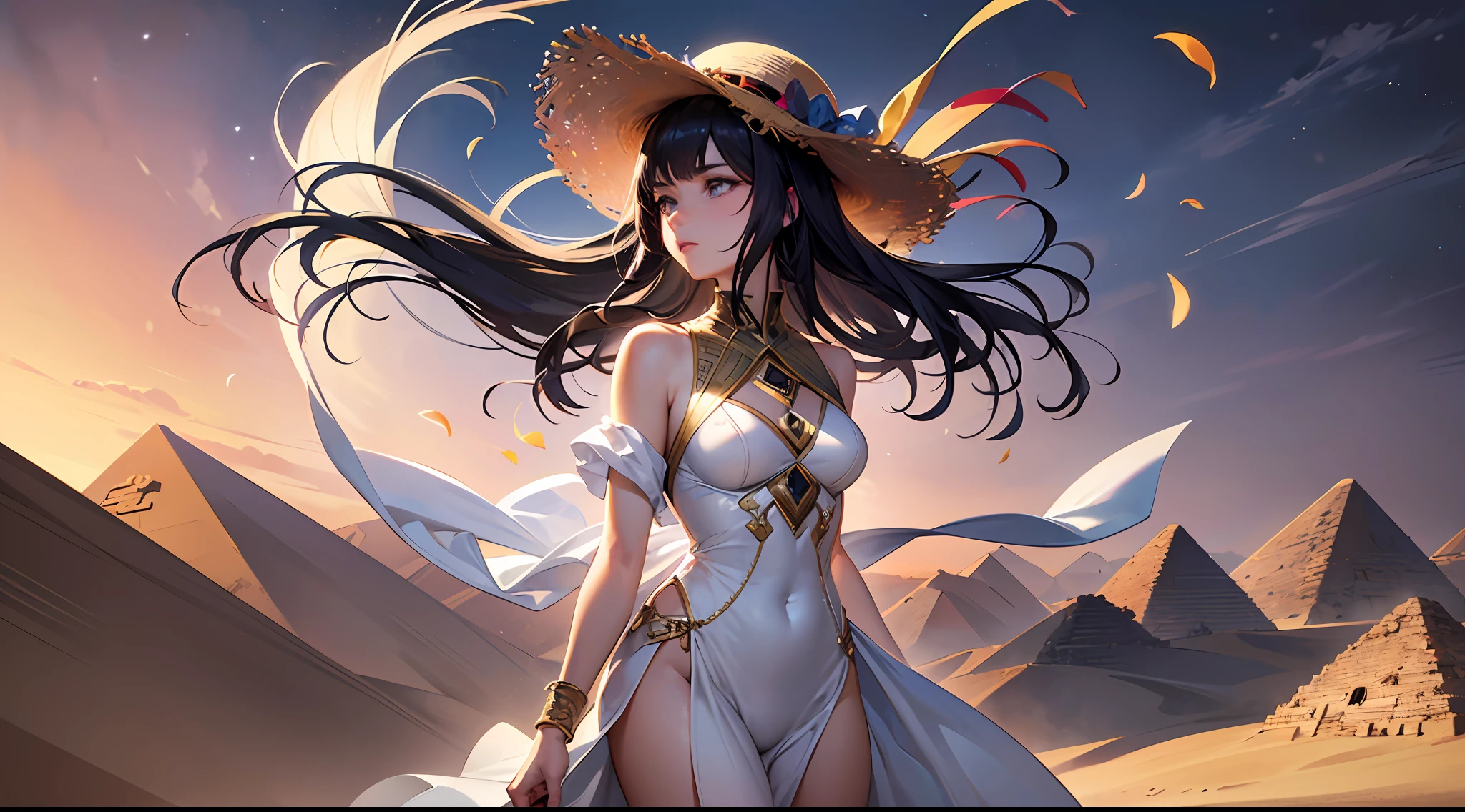 (Masterpiece, top quality, super detailed CG, ultra detailed beautiful face and eyes, super detailed, intricate details:1.2), 8k wallpapers, elaborate features,
(1 person, solo:1.4)perfect cartoon illustration,(1 person, solo:1.4)
(realistic textures:0.8), high res, cute, (vivid colors, dynamic lighting:1.0), (high contrast:0.8),
Young woman staring at a group of huge pyramids in the desert, A fair-skinned, slender and tall, dressed in a thin white one-piece dress reaching down to her calves, straw hat, the beautiful silhouette of her whole body is faintly visible through her clothes, her whole body is illustrated in the back view, the place is the Egyptian pyramids at dusk, desert, The wind is blowing strongly