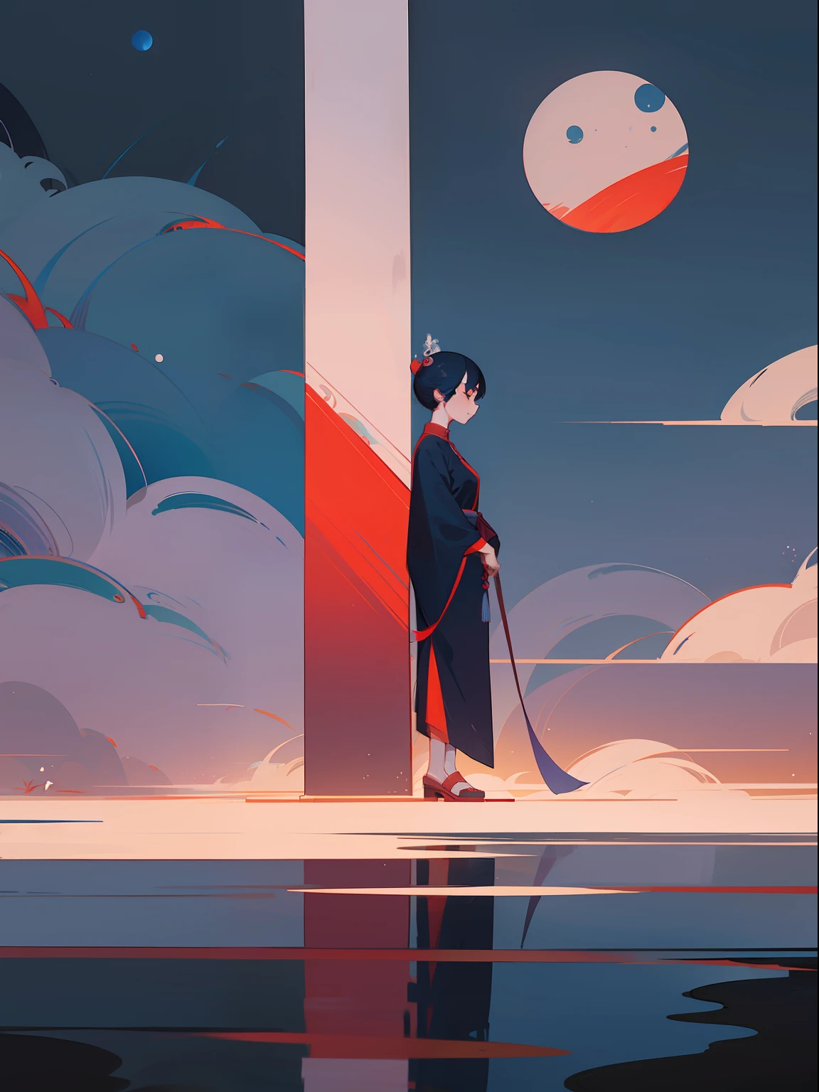 a night scene with a Chinese lady walk through the  Chinese porch, Minimalist illustrations, classical, Chinese Zen, minimalism, Tang dynasty, landscape painting, red and classical blue gradient, water reflection ,moon, zen-like tranquility