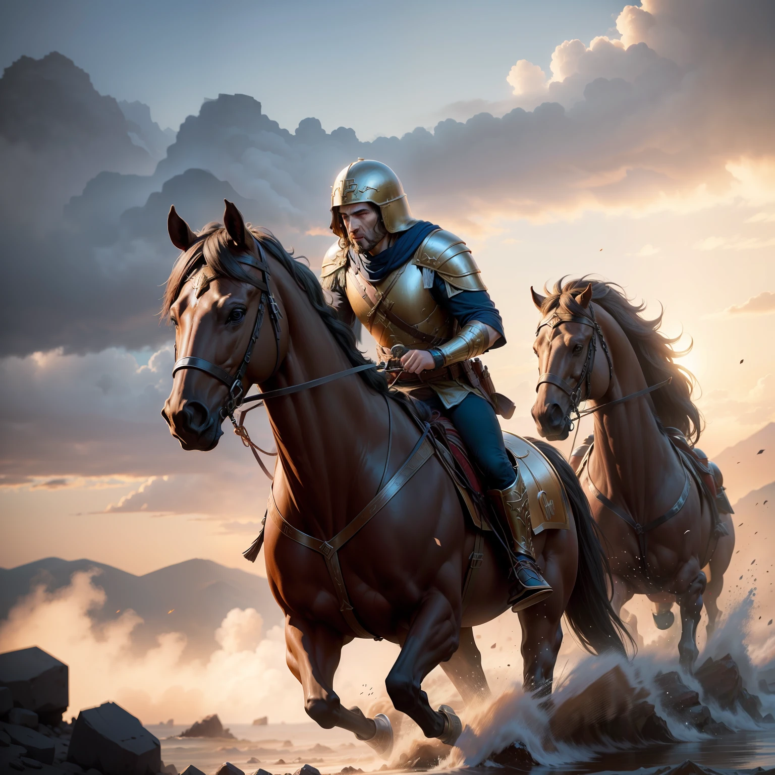Greek général leading troops hyper realistic super detailed Dynamic shot from movie Epic Legendary perspective environnement