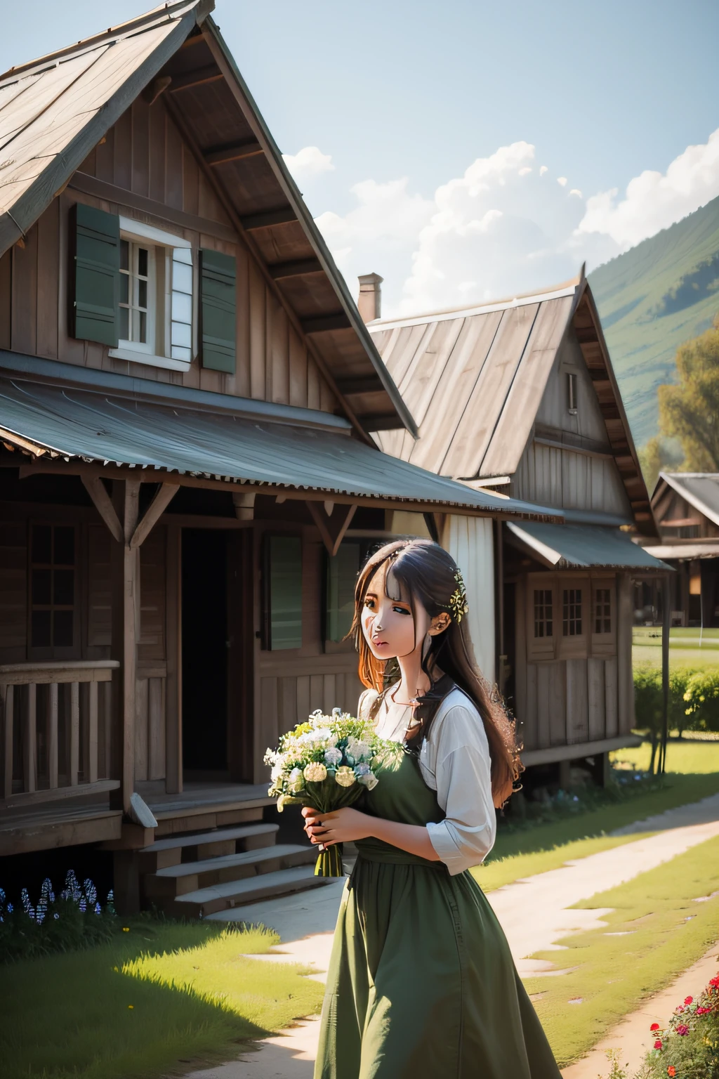 Green fresh woman with flowers and old wooden house