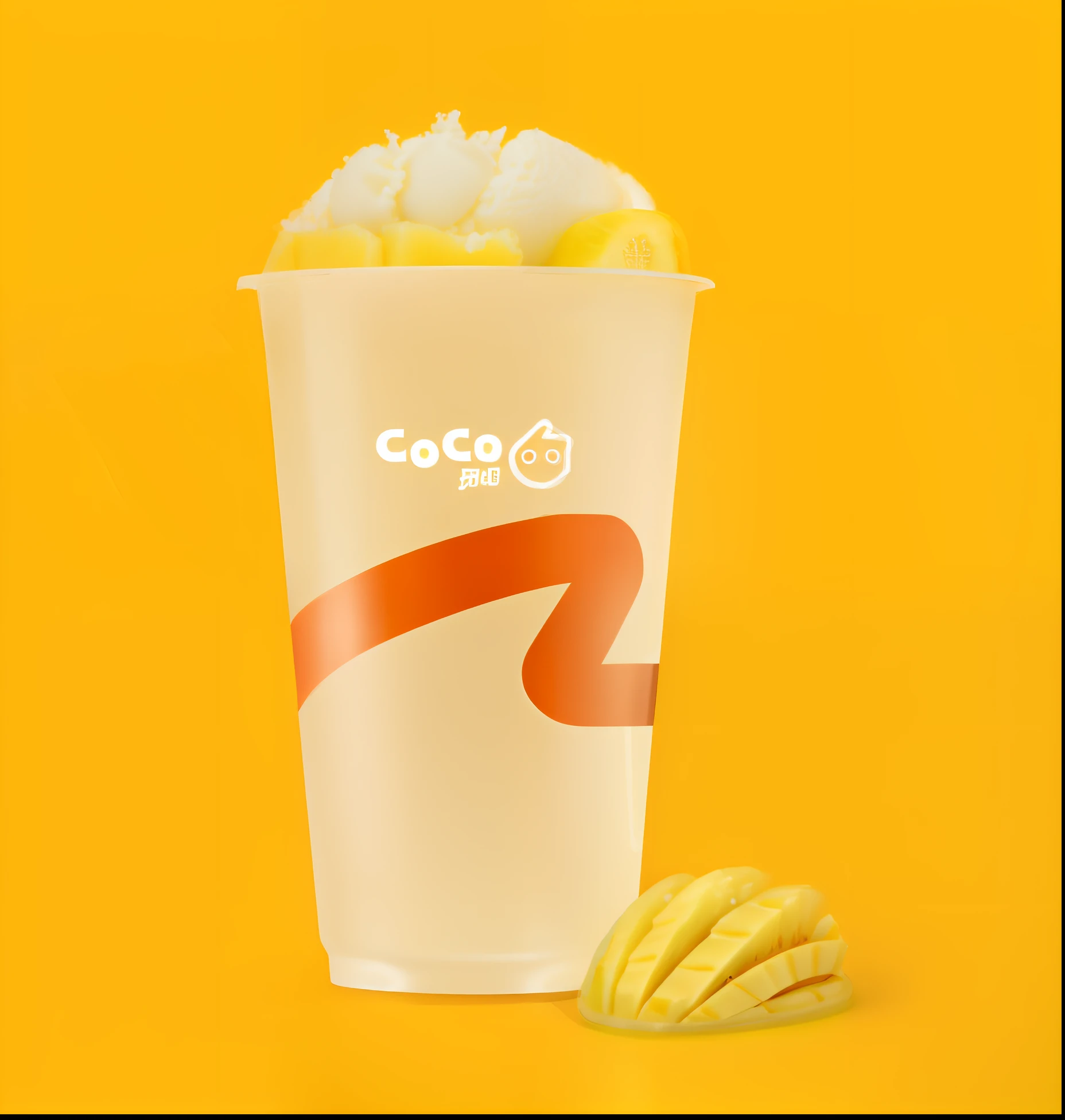 Close-up of a cup of ice cream，Bananas next to it, goto fujita, mangoes, cocroach, gogo : :, slush, 🐿🍸🍋, gogo, promo image, gongbi, slush)), octa 8k, Lodge, CGCOSIETY, Satoru Gojo, with a soft