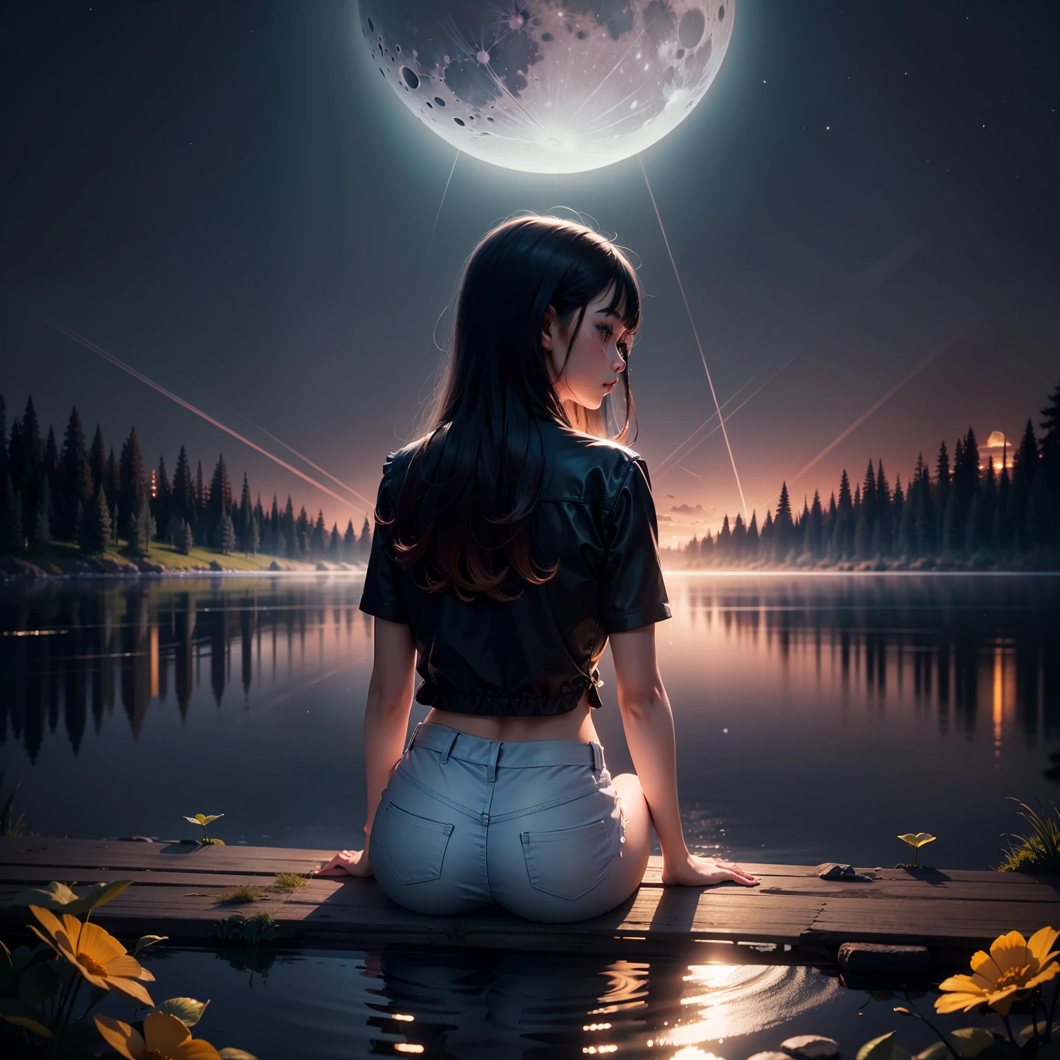 black hair, beautiful girl sitting by a lake, moon reflecting on the lake, night time, lake middle of the forest, isolated, Surrealism, panorama, ray tracing, bloom, reflection light, god rays, depth of field, wide shot, 8k, super detail, award winning, HD