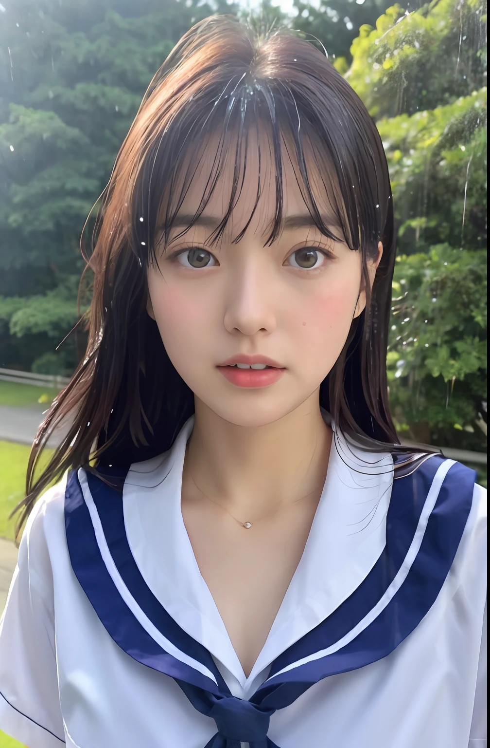 Close up portrait of a woman walking in a park in school uniform、Japan Person Model、Young Sensual Gravure Idol、Young cute gravure idol、Realistic Young Gravure Idol、Realistic sensual gravure idol、Young gravure idols、sophisticated gravure idol、奈良美智、Young skinny gravure idol、beautifull asian girl ever、oppai、I got wet in the rain、The whole body is soaking wet、a sailor suit、