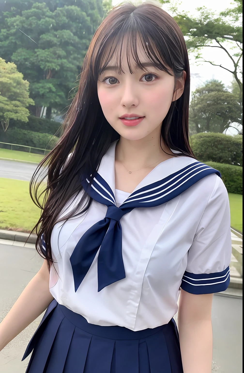 Close up portrait of a woman walking in a park in school uniform、Japan Person Model、Young Sensual Gravure Idol、Young cute gravure idol、Realistic Young Gravure Idol、Realistic sensual gravure idol、Young gravure idols、sophisticated gravure idol、奈良美智、Young skinny gravure idol、beautifull asian girl ever、oppai、I got wet in the rain、The whole body is soaking wet、a sailor suit、