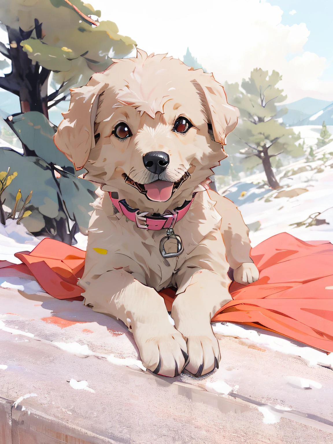 Lush trees as a background, mountains in the distance, a cute little dog looking at the audience, it is wearing a pink collar, clear background, best quality,masterpiece,