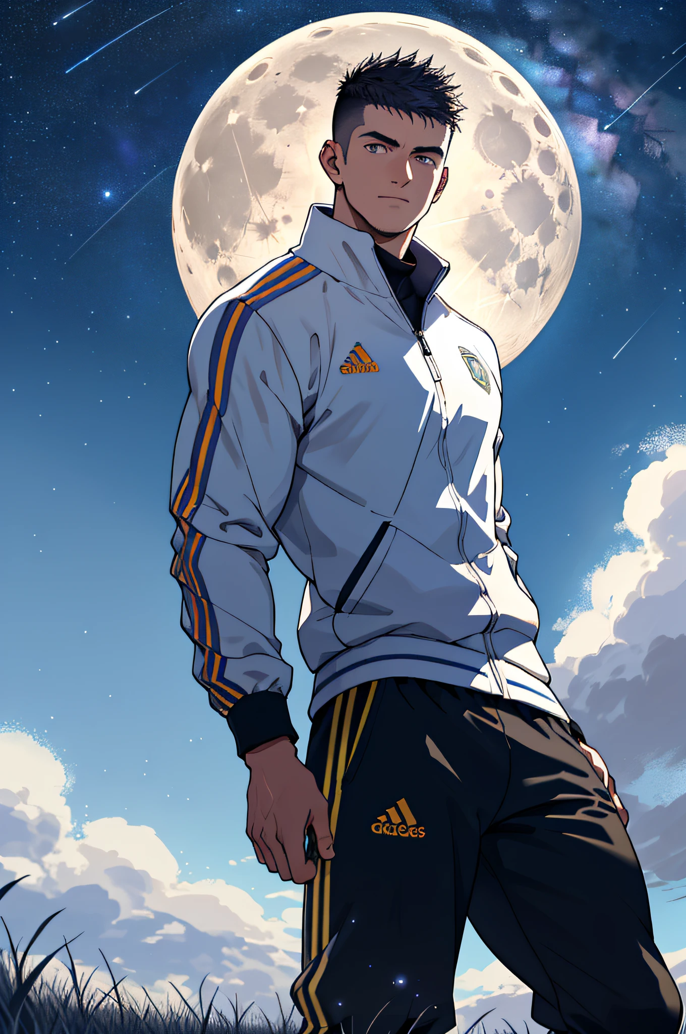 Draw a full-fledged footballer，Standing on the steppe at night，He was wearing a tracksuit，The man looks confident and determined，looking-down，Crew cut，full bodyesbian，Stars dot the sky，shooting from below，Big moon highlights background