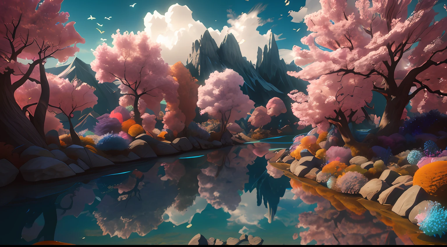 (low contrast ), colorfantasystyle  masterpiece, best quality, high quality, extremely detailed CG unity 8k wallpaper, scenery, outdoors, sky, cloud, day, no humans, mountain, landscape, water, tree, blue sky, waterfall, cliff, nature, lake, river, cloudy sky,award winning photography, Bokeh, Depth of Field, HDR, bloom, Chromatic Aberration ,Photorealistic,extremely detailed, trending on artstation, trending on CGsociety, Intricate, High Detail, dramatic, art by midjourney