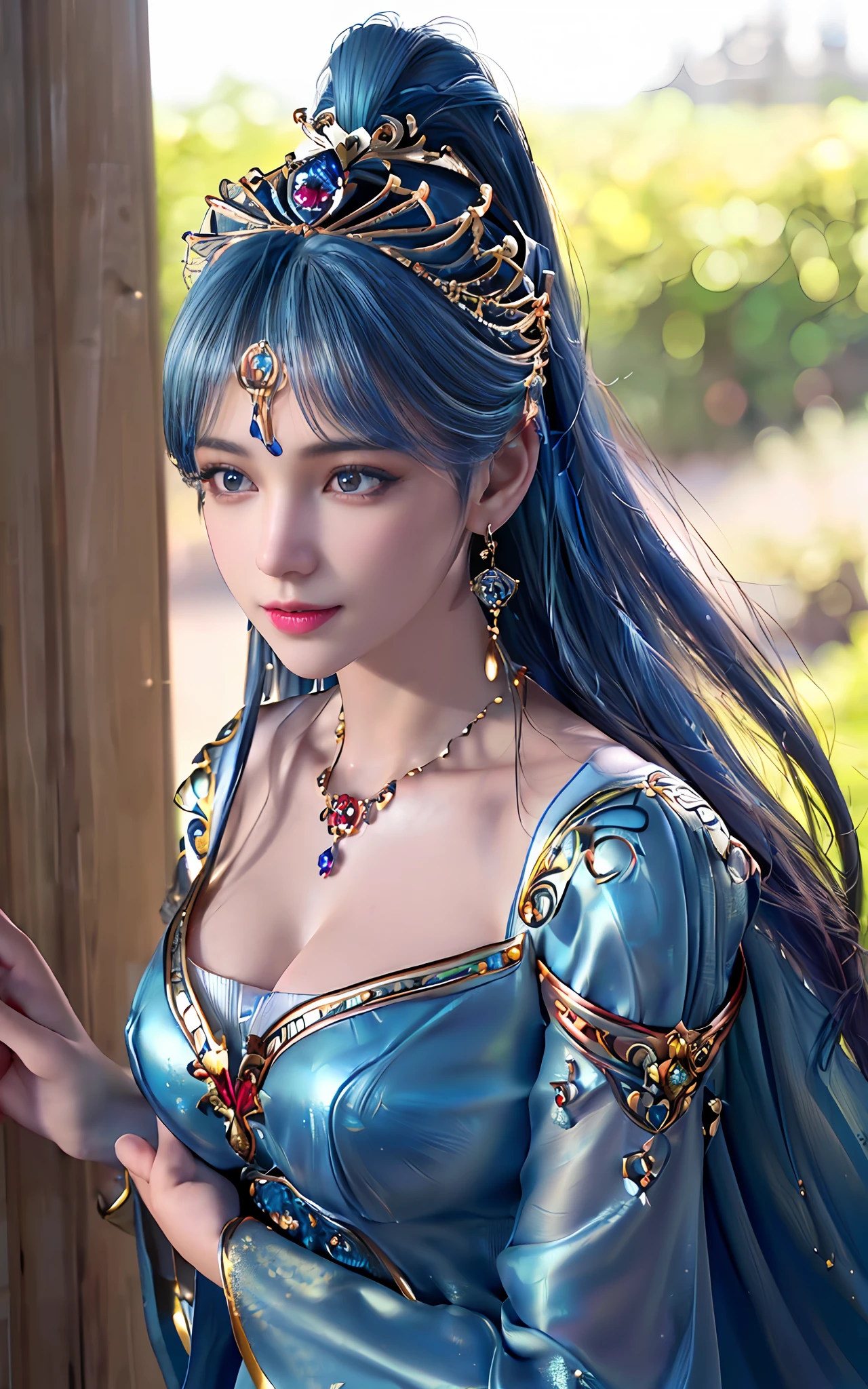 ((realisticity: 1.2)), ((best resolution: 8K UHD)), best quality,masterpiece,highres,cg,
((1 super detailed and super realistic girl)), ((very beautiful queen dazzling, super realistic, and super detailed)),((white skin, beautiful, smooth, youthful, super realistic and super detailed
)), long hair, ((super realistic and super detailed dress)), solo, ((super realistic, super beautiful, gorgeous and super detailed jewelry)), ((super beautiful, super realistic and super detailed dark blue and golden yellow dress)),
((super beautiful, super realistic, super detailed diamond filled earrings)),
  ((super beautiful, super realistic and super detailed diamond filled hair ornament)), ((super beautiful upper body, super beautiful, super realistic and super detailed)), ((big breasts: 2.5)), 
((super grand, super realistic and super detailed royal palace backgroun))
((super beautiful, super beautiful, super realistic and super detailed hair bun)), ((super beautiful, super realistic and super detailed blue hair)),
candid, Photograph, high resolution, 8k,Bokeh,