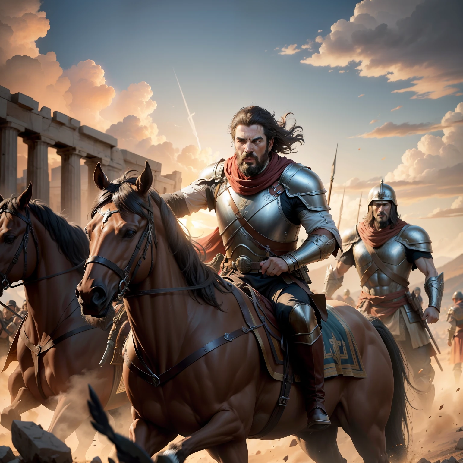 Greek général leading troops hyper realistic super detailed Dynamic shot from movie Epic Legendary perspective environnement