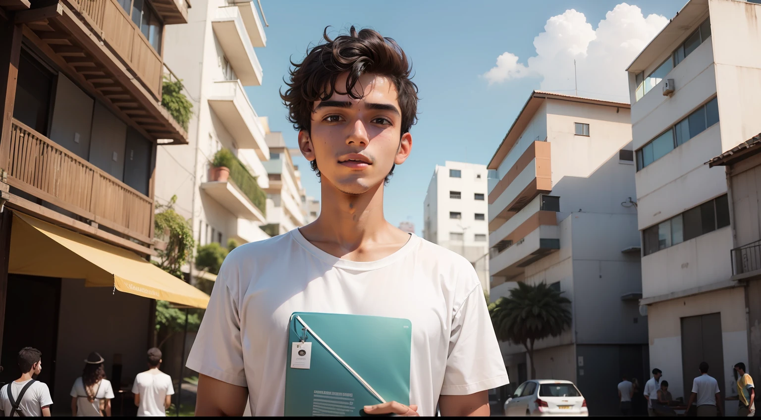 Um jovem na faculdade isolado olhando para um grupo de jovens