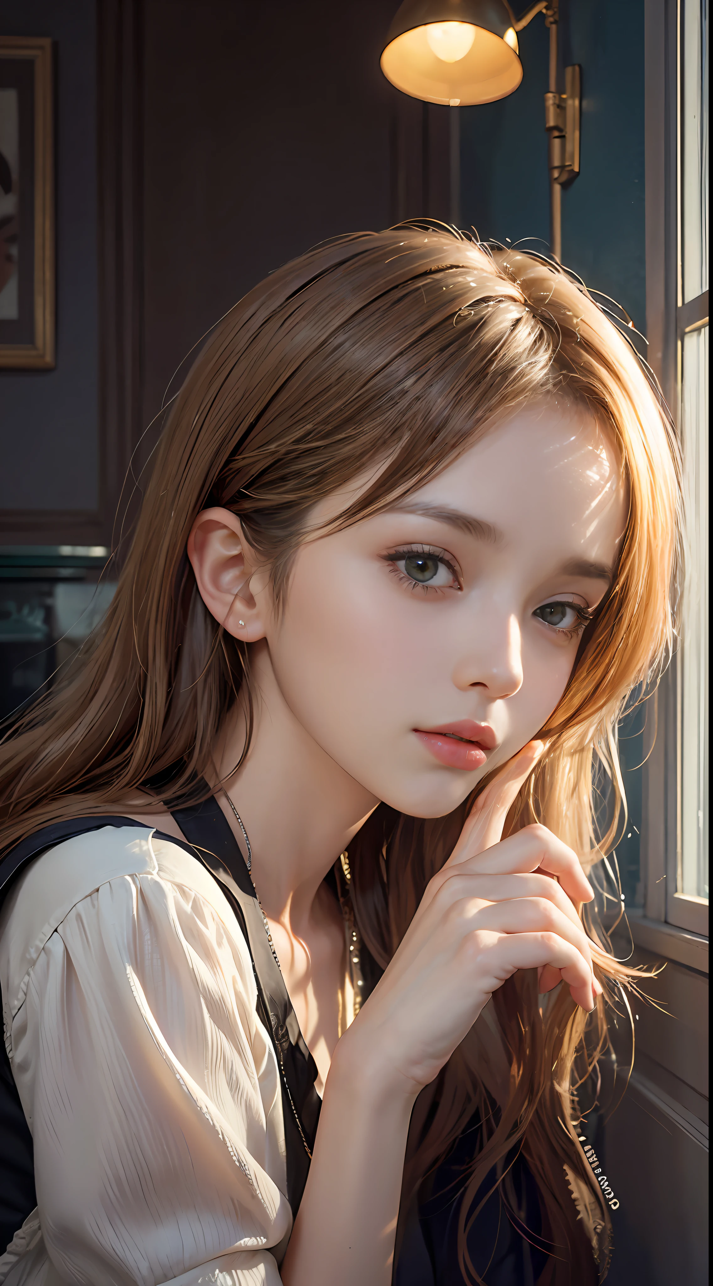 Picture quality:High detail masterpiece 8k high resolution
Body content:1girl,Surrealist portraits of women by David Hockney and Alphonse Mucha,Very detailed faces,hair glowing,low tune,whaite hair,long whitr hair,A stunned expression,graceful movements,
Background with:Vintage café,With a mysterious effect,Warm light
environment:There is a faint magic glimmer,warm lights,incandescent lamp
atmosphere:Cosy and comfortable,With a bit of autumn coolness
lamplight:Warm
color:High saturation,bright
composition:Vista composition
Style reference:photographrealistic