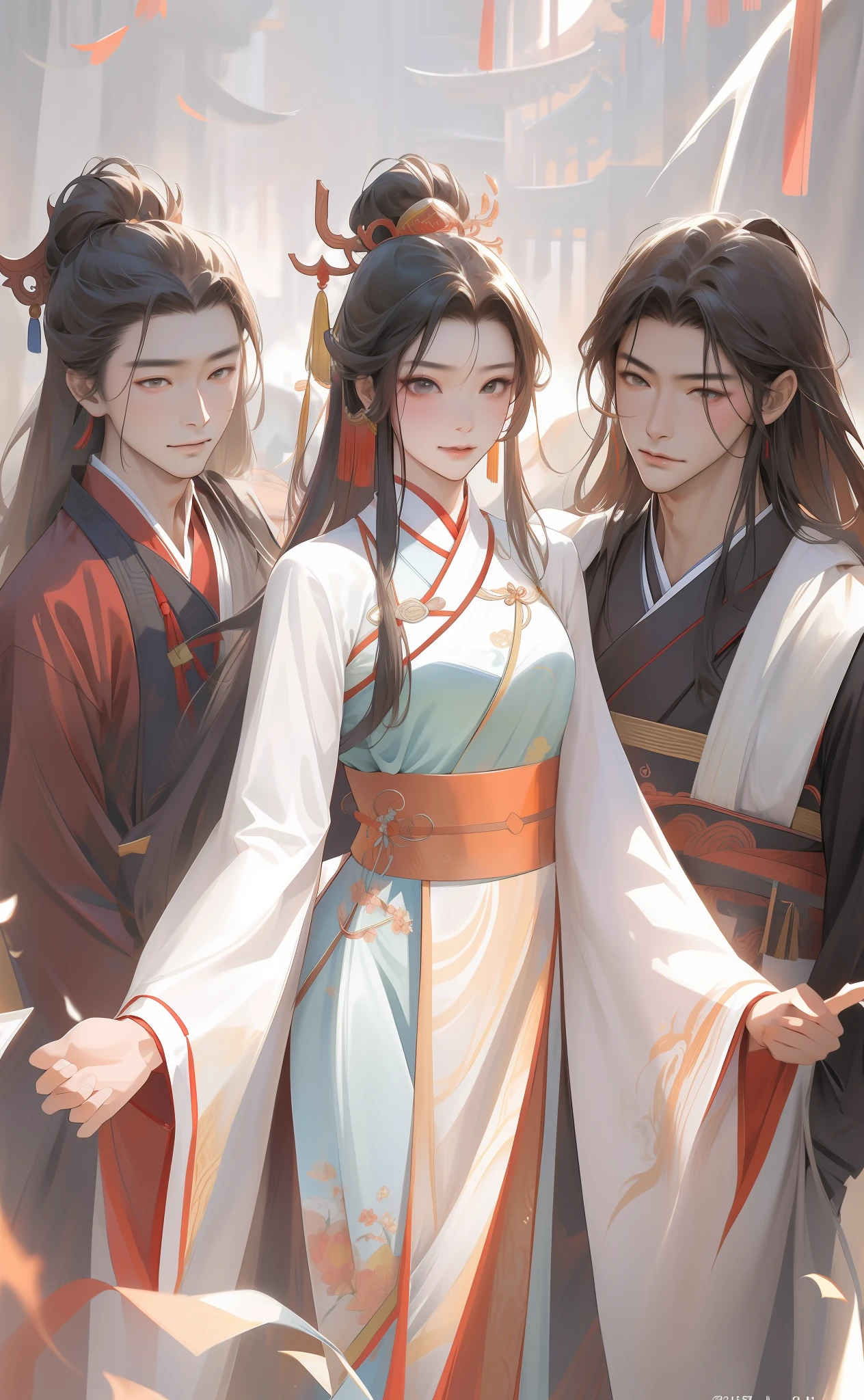 NSFW,tmasterpiece,Need,super-fine,Semi-realistic,2male,Mature male,1womanl,A MILF,correct hand,Two Asian men dressed in traditional dress stand behind Asian woman in traditional dress, A woman in Hanfu, Two men dressed in Chinese clothing,Meticulous facial features,long whitr hair,Wearing exquisite fairy costumes,Since ancient times, full-body wuxia, Chinese fantasy, xianxia fantasy, Palace