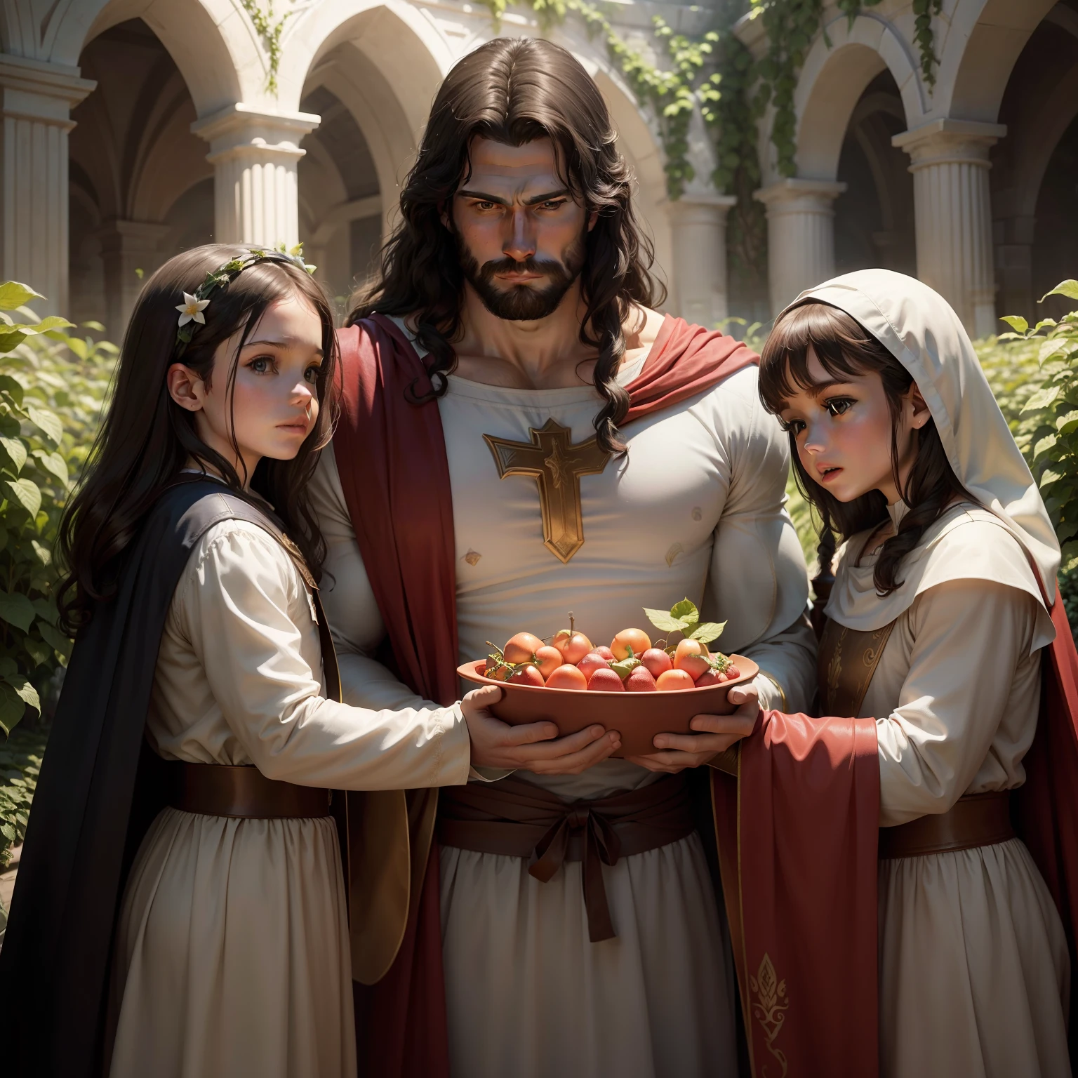 Henry Cavill as Jesus Christ, with children at the garden full of fruits