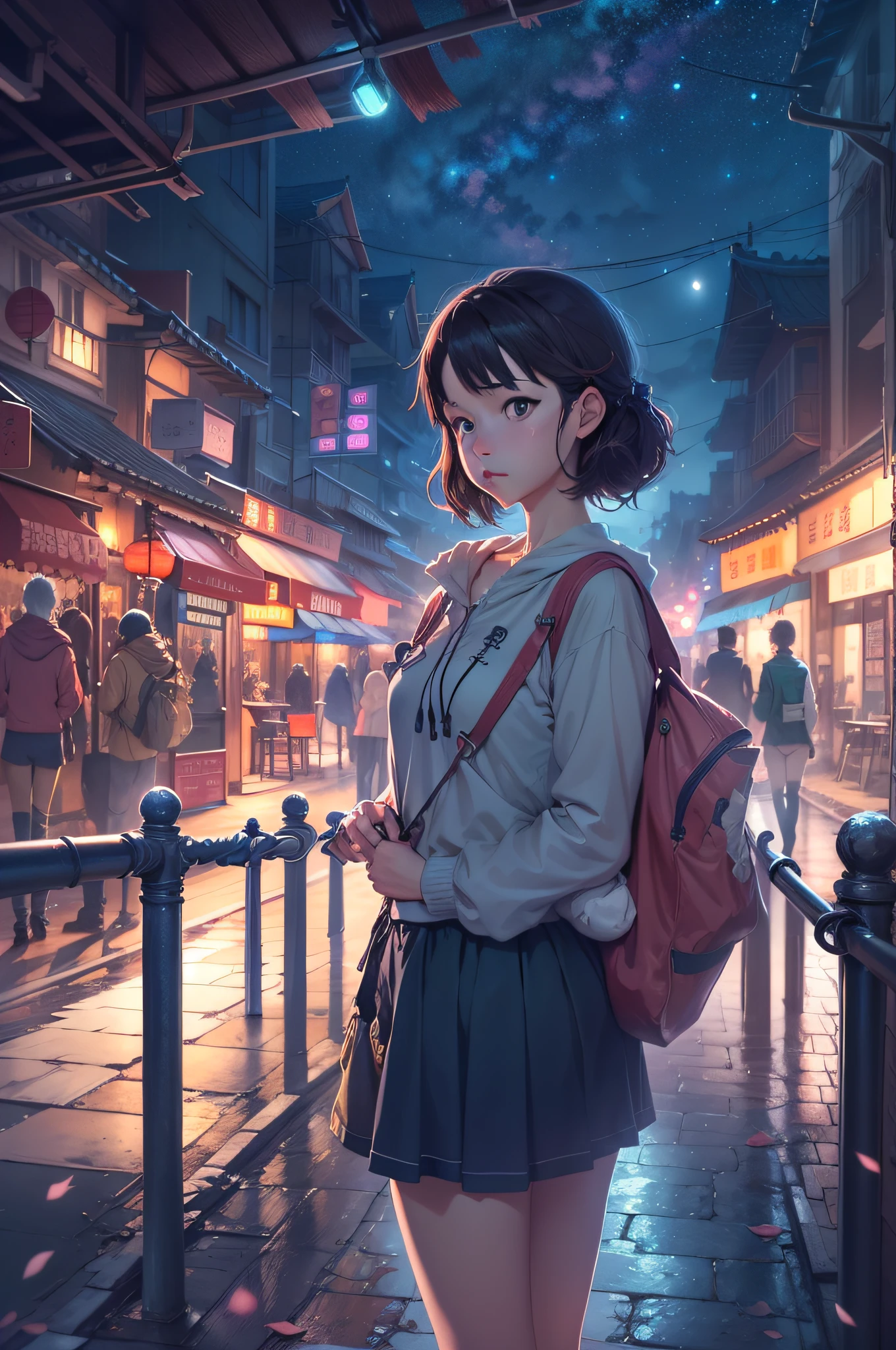 High quality masterpiece ，scenecy，The anime trail is lined with fields，in the early morning， Glittering starry sky。Modern China is idyllic，Pedestrians coming and going in the distance，Pisif，concept-art，Lofi art style，Reflectors。 By Makoto Shinkai, Lofi art, beautiful anime scenes, Anime landscapes, Detailed scenery —width 672, in the style of makoto shinkai, Makoto Shinkai's style，Detail enhancement。