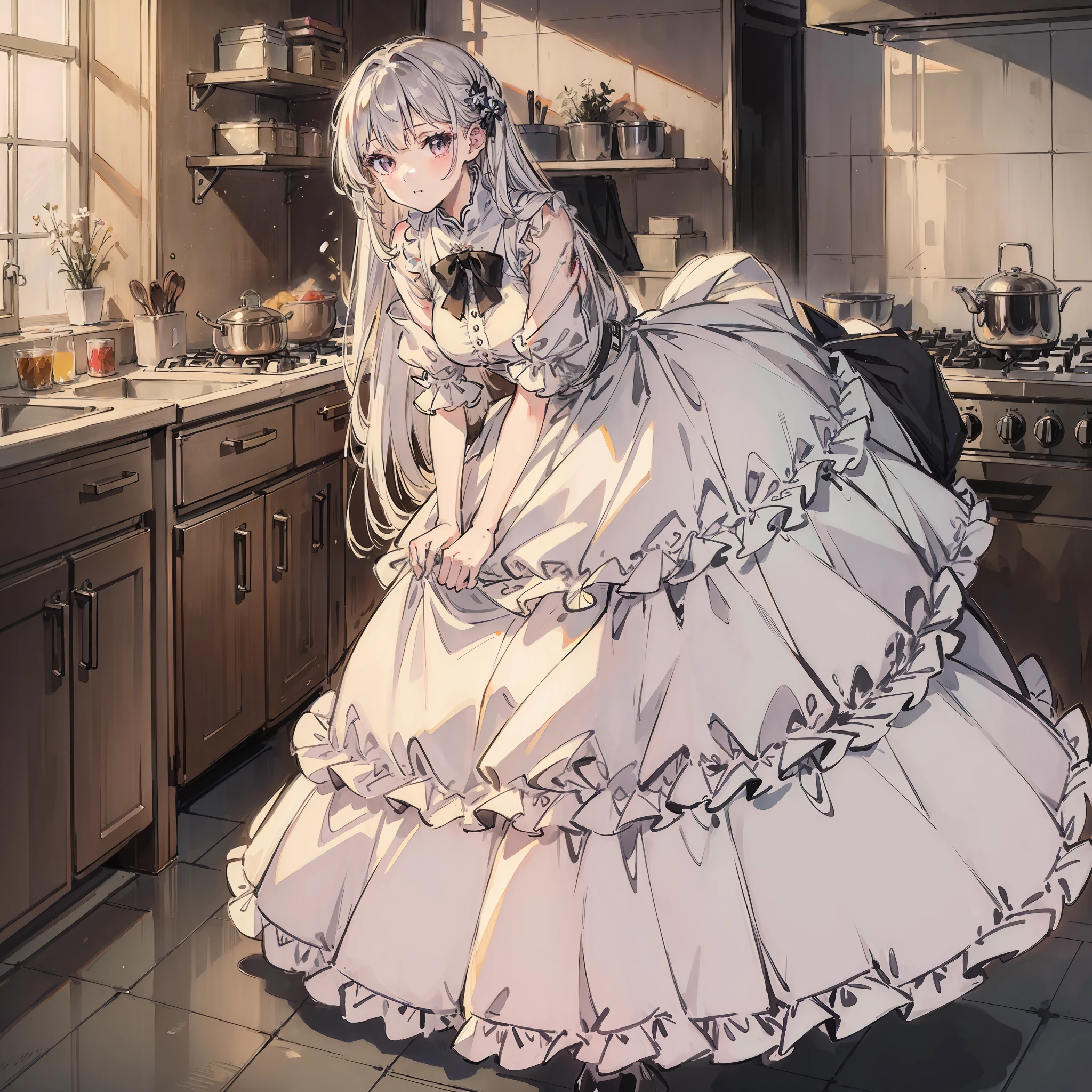 ((Best quality)), 1girl, long dress, medium length white hair, black high heels, night time, dim kitchen, no bloom