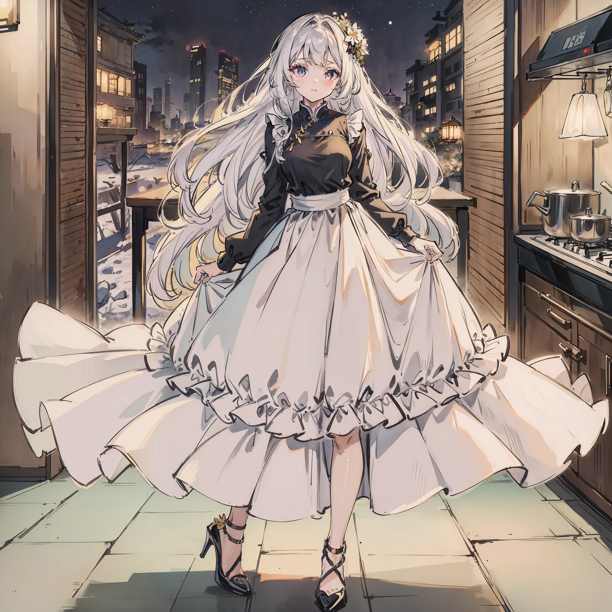 ((Best quality)), 1girl, long dress, medium length white hair, black high heels, night time, dim kitchen, no bloom