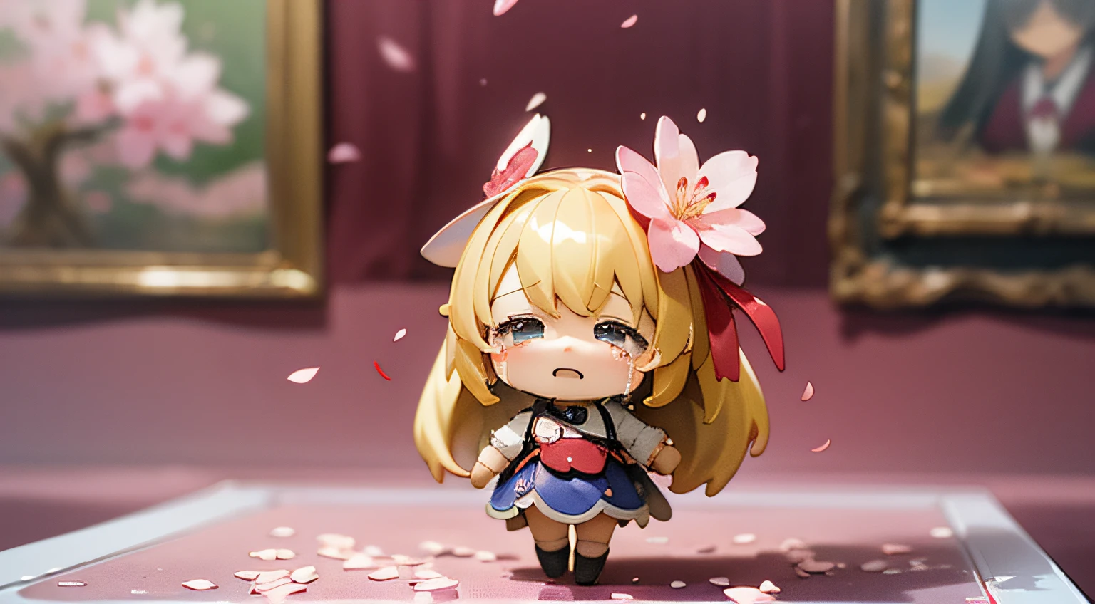 (Blonde Teardrop Doll Stand、Standing in front of the painting、(Crying face in high definition figure)+Pixiv no Sengai、Rococo atmosphere、dolfie dream watercolor nendoroid、Flowing cherry colored silk cherry blossom petals🌸)