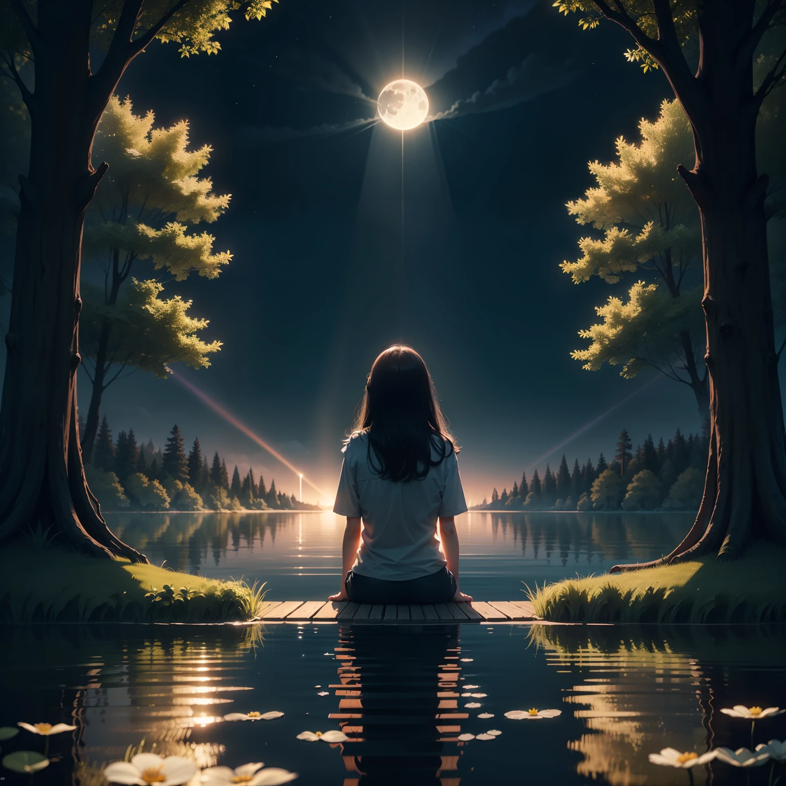 black hair, beautiful girl sitting by a lake, moon reflecting on the lake, night time, lake middle of the forest, isolated, Surrealism, panorama, ray tracing, bloom, reflection light, god rays, depth of field, wide shot, 8k, super detail, award winning, HD