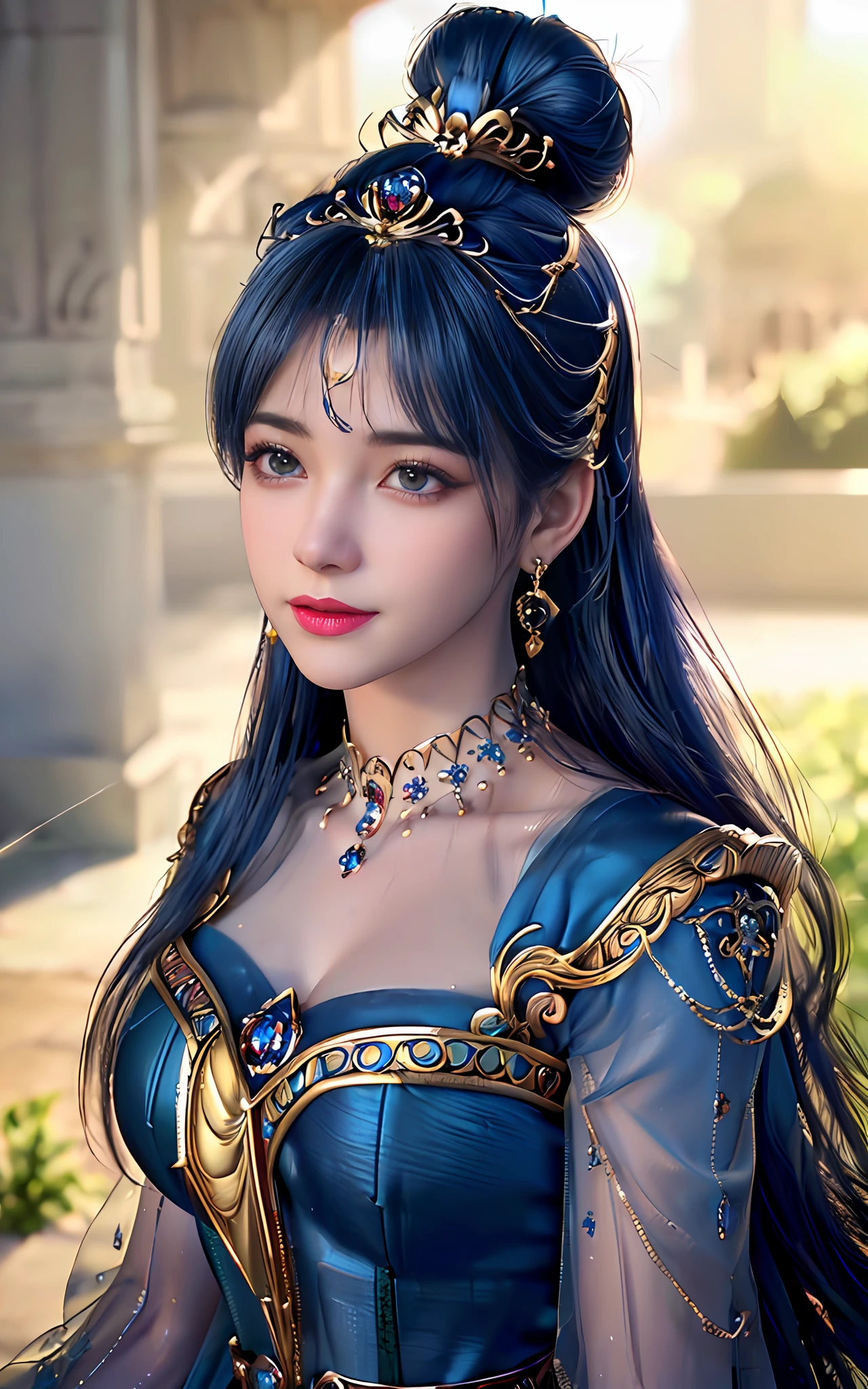 ((realisticity: 1.2)), ((best resolution: 8K UHD)), best quality,masterpiece,highres,cg,
((1 super detailed and super realistic girl)), ((very beautiful queen dazzling, super realistic, and super detailed)),((white skin, beautiful, smooth, youthful, super realistic and super detailed
)), long hair, ((super realistic and super detailed dress)), solo, ((super realistic, super beautiful, gorgeous and super detailed jewelry)), ((super beautiful, super realistic and super detailed dark blue and golden yellow dress)),
((super beautiful, super realistic, super detailed diamond filled earrings)),
  ((super beautiful, super realistic and super detailed diamond filled hair ornament)), ((super beautiful upper body, super beautiful, super realistic and super detailed)), ((big breasts: 2.5)), 
((super grand, super realistic and super detailed royal palace backgroun))
((super beautiful, super beautiful, super realistic and super detailed hair bun)), ((super beautiful, super realistic and super detailed blue hair)),
candid, Photograph, high resolution, 8k,Bokeh,