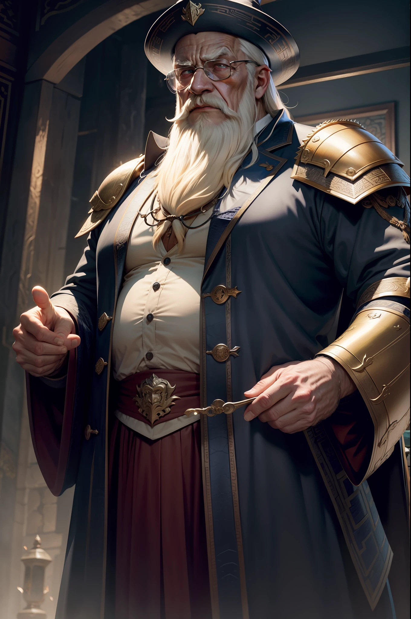 dumbledore，a old man，Big chest，wearing an outfit，Wearing Chinese dragon armor，Wearing a crocodile head hat,muscle men， Man ,Wear half-moon glasses