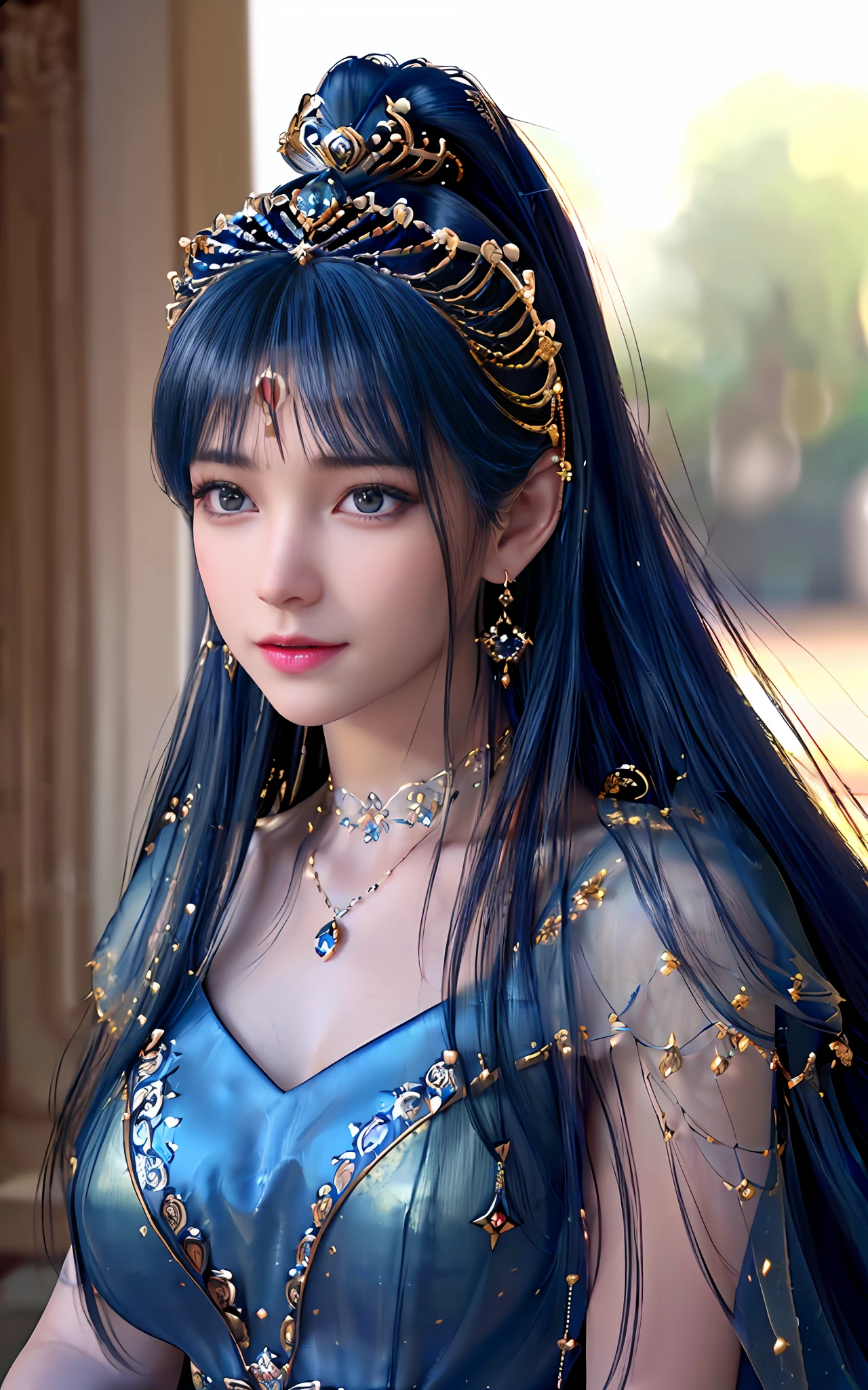 ((realisticity: 1.2)), ((best resolution: 8K UHD)), best quality,masterpiece,highres,cg,
((1 super detailed and super realistic girl)), ((very beautiful queen dazzling, super realistic, and super detailed)),((white skin, beautiful, smooth, youthful, super realistic and super detailed
)), long hair, ((super realistic and super detailed dress)), solo, ((super realistic, super beautiful, gorgeous and super detailed jewelry)), ((super beautiful, super realistic and super detailed dark blue and golden yellow dress)),
((super beautiful, super realistic, super detailed diamond filled earrings)),
((super beautiful, super realistic and super detailed diamond filled hair ornament)), ((super beautiful upper body, super beautiful, super realistic and super detailed)), ((big breasts: 2.5)),
((super grand, super realistic and super detailed royal palace backgroun))
((super beautiful, super beautiful, super realistic and super detailed hair bun)), ((super beautiful, super realistic and super detailed blue hair)),
candid, Photograph, high resolution, 8k,Bokeh,
