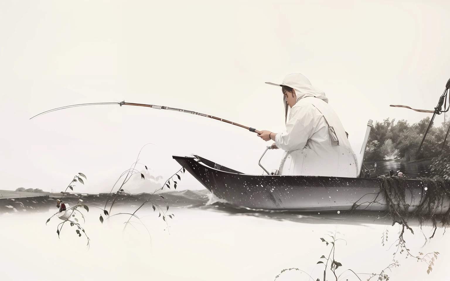 On the river,one small boat,Put on a person to fish,