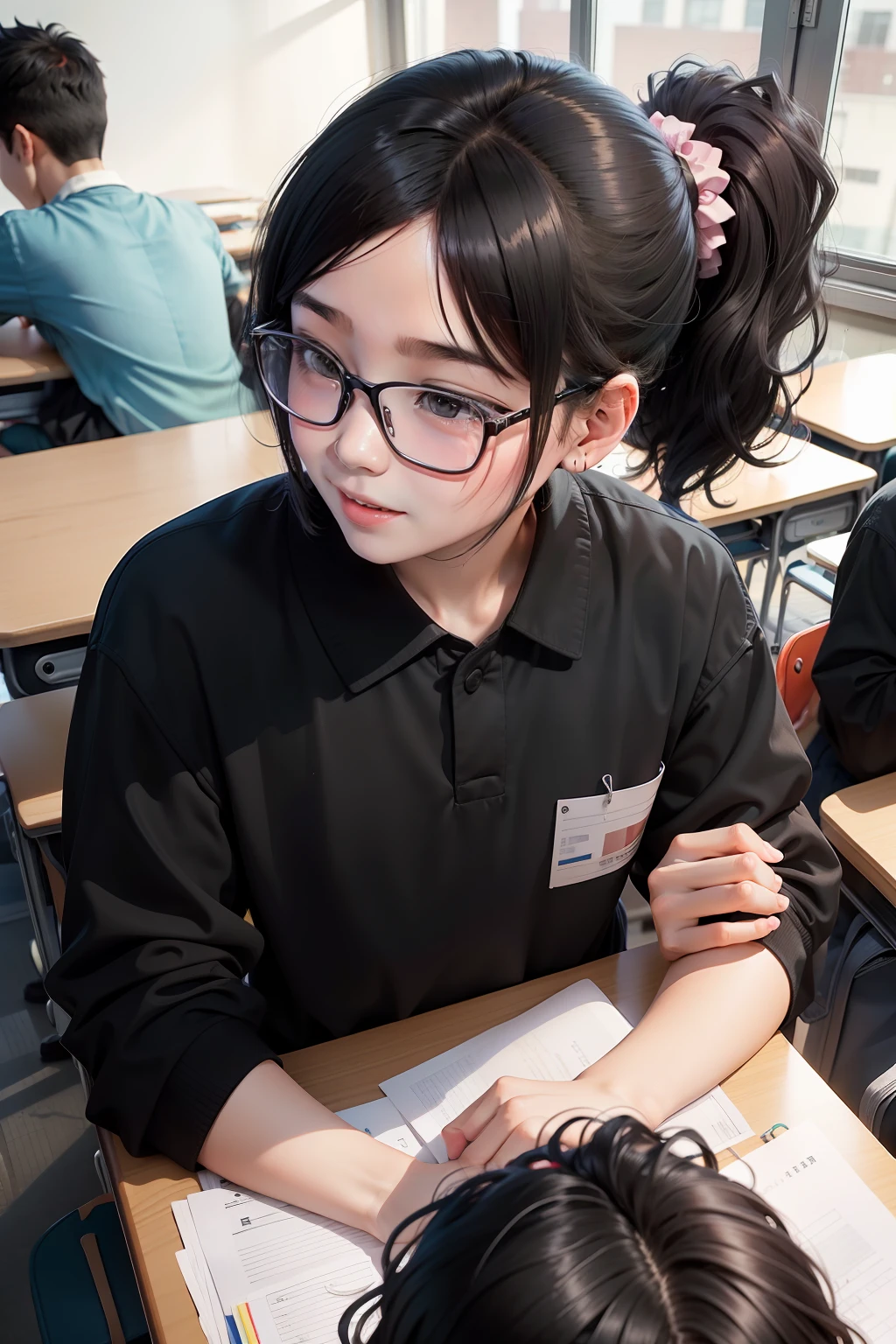 High school students piled on desks, In the classroom, A man and a woman are playing,Playing with the, Both boys and girls wear glasses, The girl laughed Chinese with a high black ponytail, The boy Chinese short black hair, A slightly longer and spoiled smile, The two glanced sideways slightly。