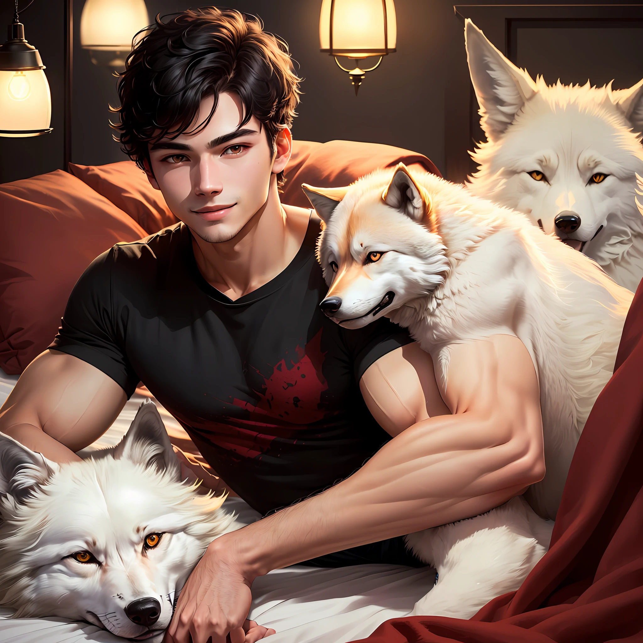 of a guy，Quality at the end，Dressed in casual attire，with short black hair，red color eyes，lamplight，8K，high qulity，A high resolution，cool guy，musculature，Lying on a white bed，Next to him lay a little wolf，ssmile
