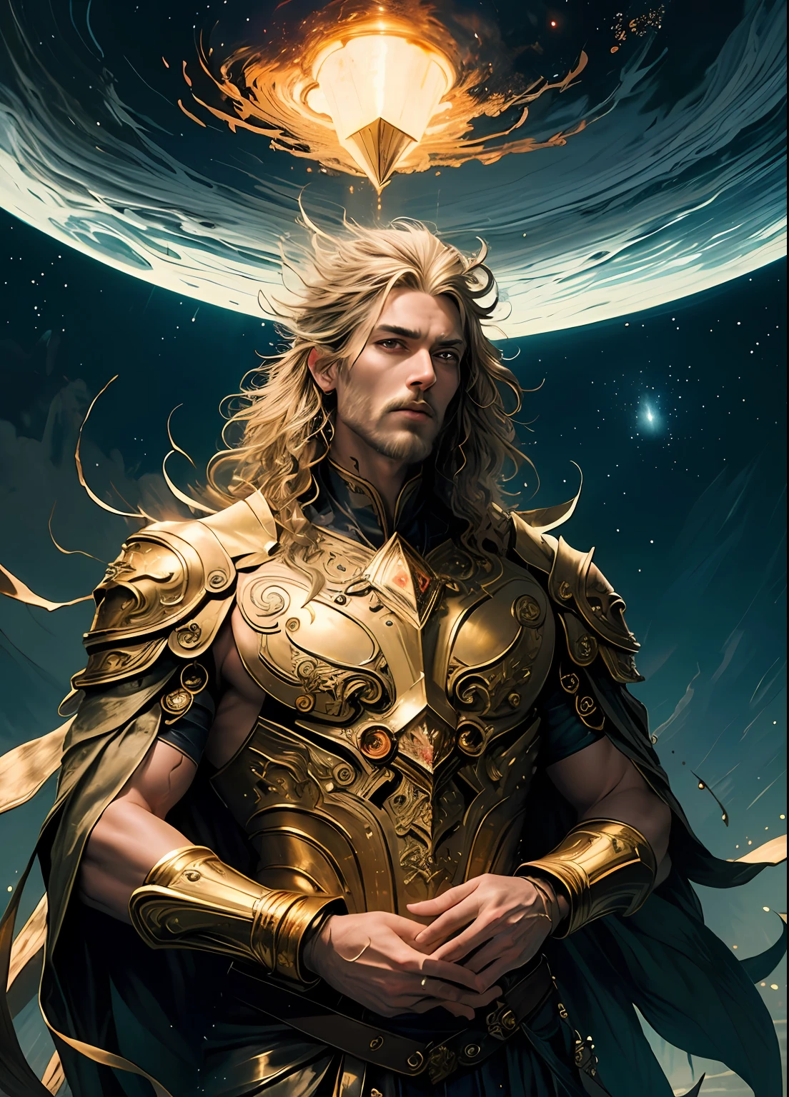 ((Best Quality)), ((Masterpiece)), (Detailed), ember, Brutal man,The First Deity, The Father of the Universe, It has a majestic growth, His figure is tall and stately. His body emits a bright glow, symbolizing its divine origin and eternity. His skin is perfect and flawless, as if created from the purest gold.
He has magnificent facial features, that combine wisdom, Strength and nobility. His eyes, Deep and insightful, sparkle with fiery light, expressing His divine power and incomprehensible knowledge. His eyebrows have a strict shape.
Hair is long and shiny, resemble a shimmering golden thread, which envelops his head. Their movement gives the impression of an endless flow of energy.
He is dressed in luxurious clothes, adorned with precious stones and symbols of the universe. , mystical sky, Moonlit night, soft colors, (detailed cloudscape:1.3), (hight resolution:1.2), ((Masterpiece)), (Best Quality), HDR, ((Masterpiece)), (Best Quality), HDR