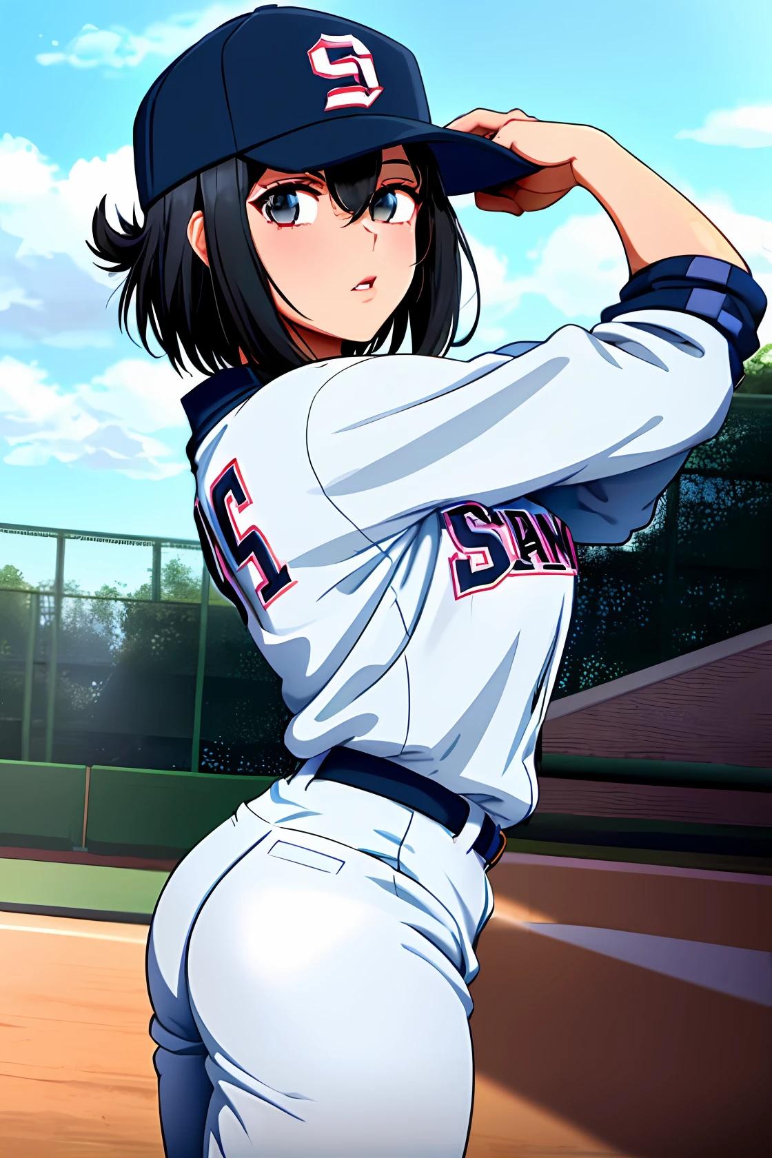 neocoill, masterpiece, best quality, 1girl, baseball uniform, solo, baseball mitt, baseball cap, hat, baseball, sky, sportswear, cloud, black hair, blue sky, day, holding, shirt, bangs, medium hair, long sleeves, standing, holding ball, outdoors, looking at viewer, parted lips, large breasts, mature female,