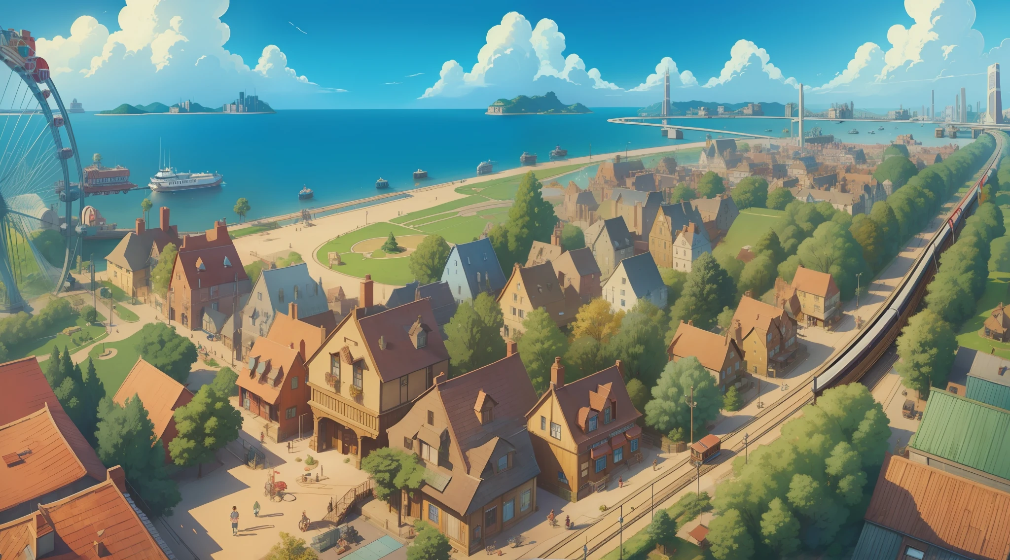 There is a desktop cartoon map of the city with a train and a Ferris wheel, detailed 2d illustration, detailed digital illustration, Detailed Illustration, aerial photography, game illustration, children's illustration, illustration detailed, Game Map, Super detailed image, Detailed street, Houses & Roads, illustartion, very detailed illustration, aerial view from above, illustration for children, children's illustration