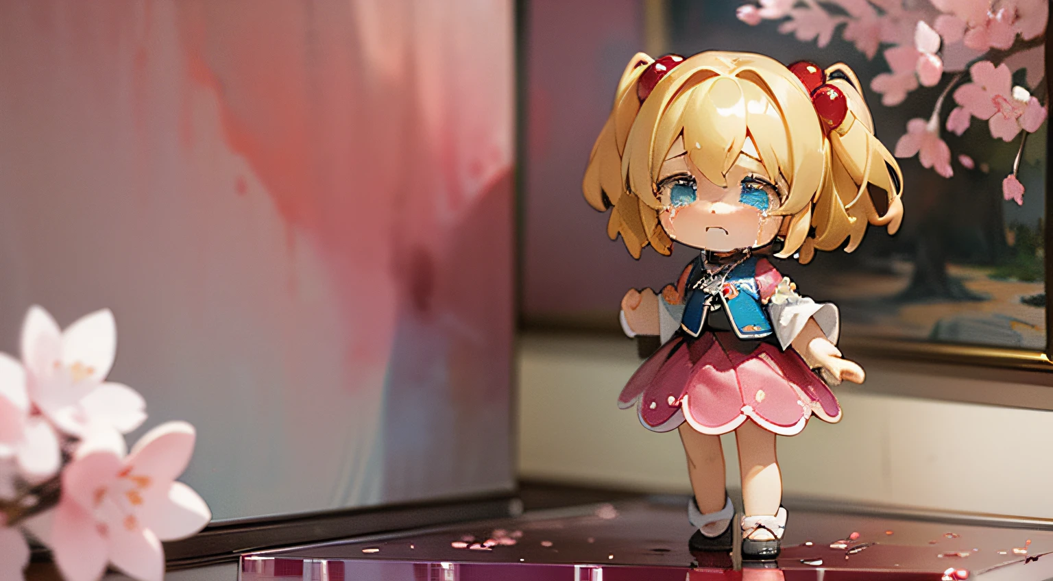 (Blonde Teardrop Doll Stand、Standing in front of the painting、(Crying face in high definition figure)+Pixiv no Sengai、Rococo atmosphere、dolfie dream watercolor nendoroid、Flowing cherry colored silk cherry blossom petals🌸)