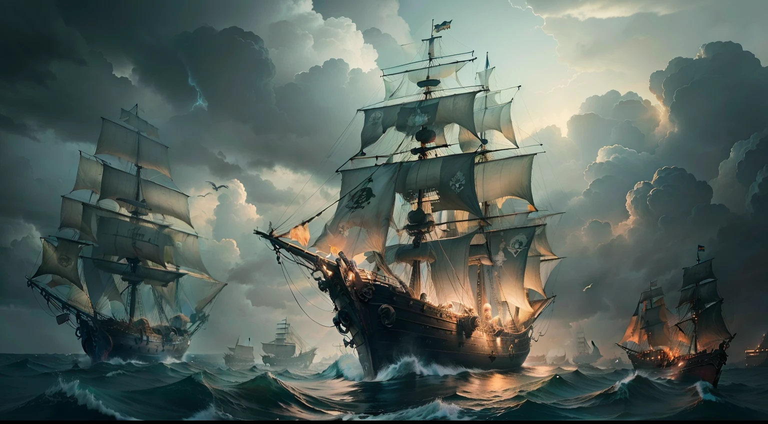 A dilapidated pirate ship sails the majestic sea,The gray sky presupposes the coming storm,The sailors were anxiously putting away their sails