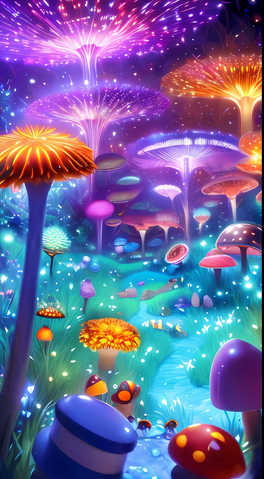 An underground labyrinth illuminated by a cinematic glow, inhabited by fireflies and crawling ants. Vibrant and detailed mushrooms grow in colorful clusters, creating a mesmerizing scene that could pass as the cover of a 4K game poster.