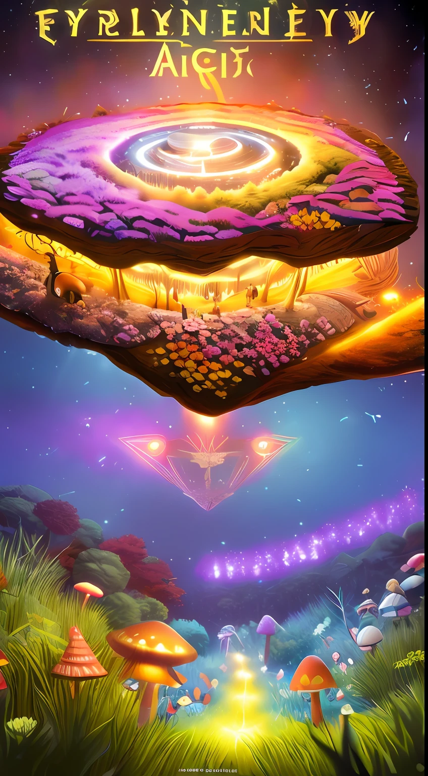 An underground labyrinth illuminated by a cinematic glow, inhabited by fireflies and crawling ants. Vibrant and detailed mushrooms grow in colorful clusters, creating a mesmerizing scene that could pass as the cover of a 4K game poster.