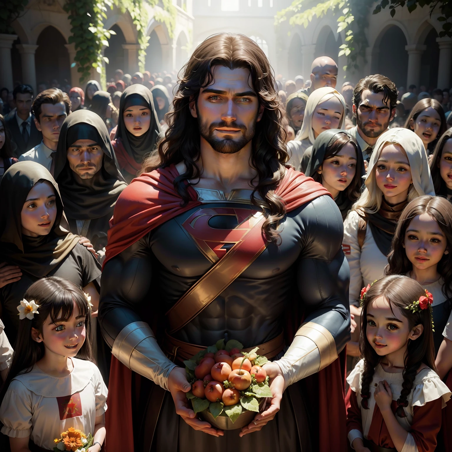 Henry Cavill as Jesus Christ, smiling face with a lot of children at the garden full of fruits