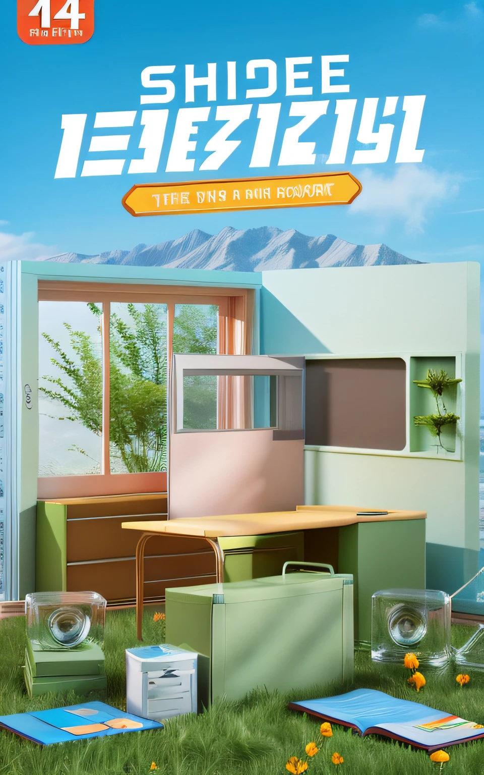 There is a poster,Bottom meadow，Blue sky overhead，There is a classroom in the middle of the picture，There are windows in the classroom，blackboards，classroom desk，book，There is an hour clock on the wall, Official product image，C4D