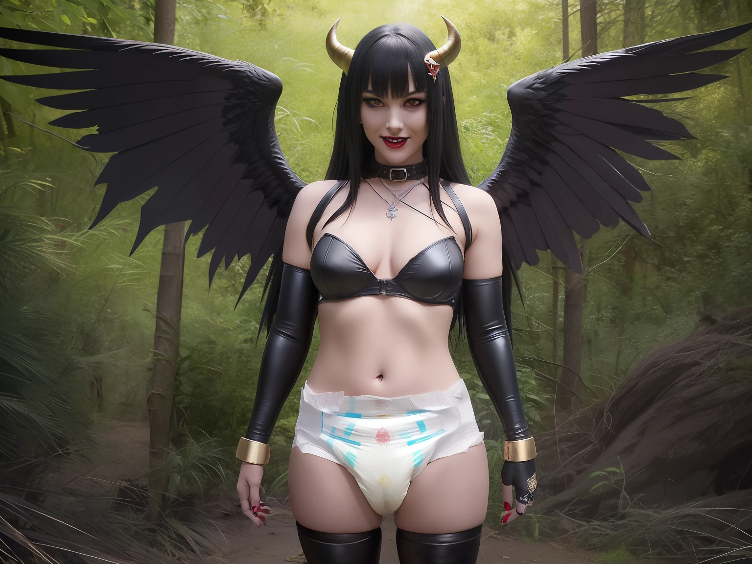 (masterpiece, top quality, best quality, highly detailed:1.2), semi-realistic, 1girl, solo, photo of a sexy succubus posing seductively in a soiled diaper, burning red cave, outdoors, standing, diaper, black diaper, wet diaper, soggy diaper, messed diaper, diaper mess, hypermessing, diaper waistband peek, faded wetness indicator, thigh high metal heels, black hair, red eyes, smirking, golden braclet, goled coller with ruby in the middle, ruby ring, black lipstick, black long metal gauntlets, red skin, wings, horns, dark, fire