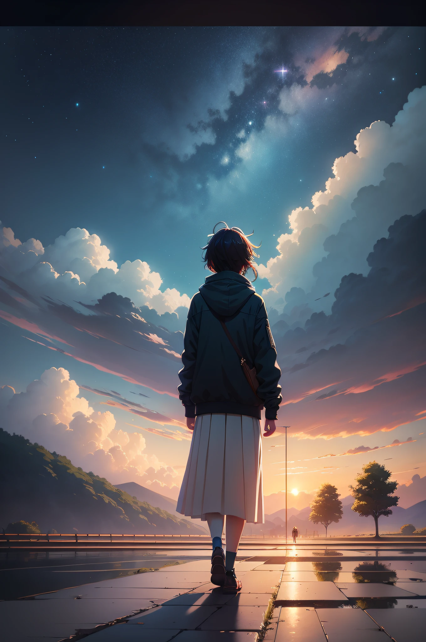 High quality masterpiece ，scenecy，The anime trail is lined with fields，in the early morning， Glittering starry sky。Modern China is idyllic，Pedestrians coming and going in the distance，Pisif，concept-art，Lofi art style，Reflectors。 By Makoto Shinkai, Lofi art, beautiful anime scenes, Anime landscapes, Detailed scenery —width 672, in the style of makoto shinkai, Makoto Shinkai's style，Detail enhancement。